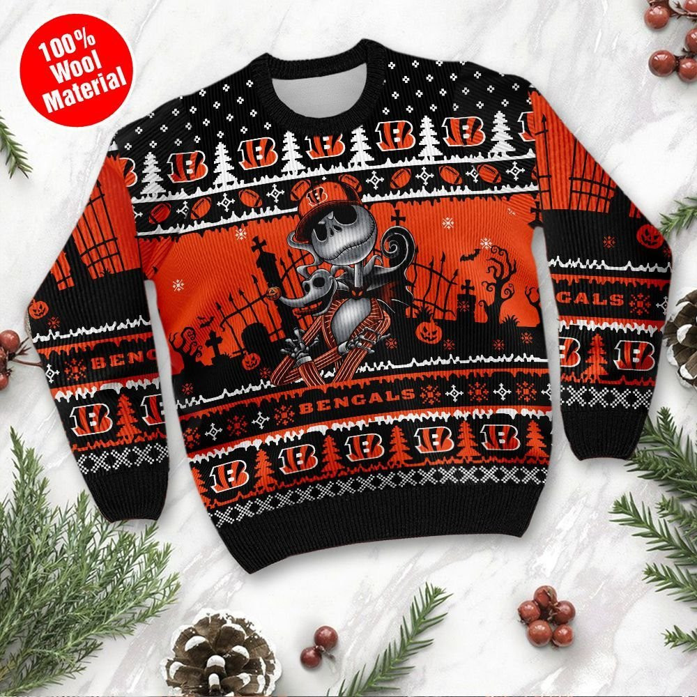 Cincinnati Bengals Jack Skellington Halloween Ugly Christmas Sweater Adult 3D Funny Matching for family - Image 2