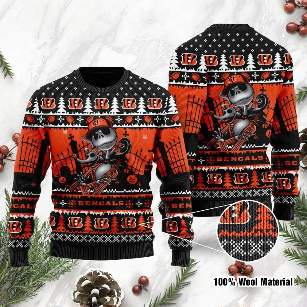 Cincinnati Bengals Jack Skellington Halloween Ugly Christmas Sweater Adult 3D Funny Matching for family