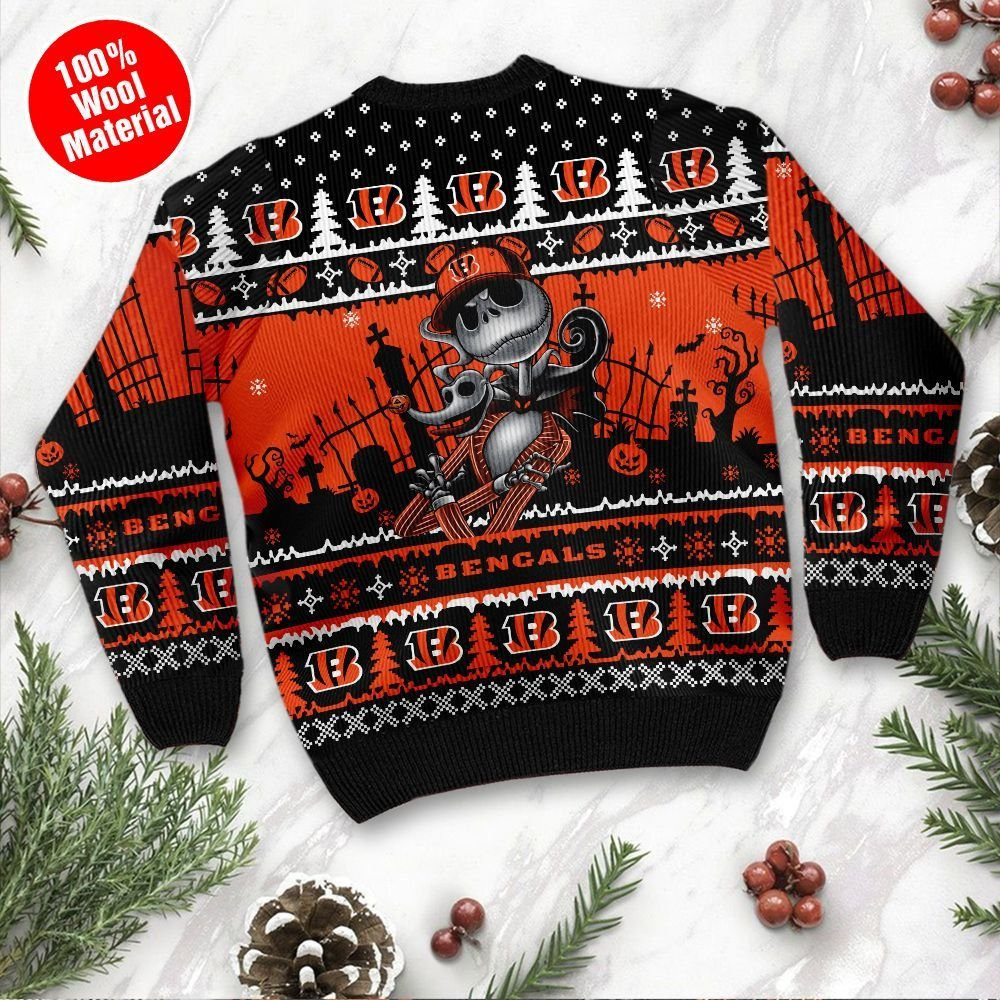 Cincinnati Bengals Jack Skellington Halloween Ugly Christmas Sweater Adult 3D Funny Matching for family - Image 3