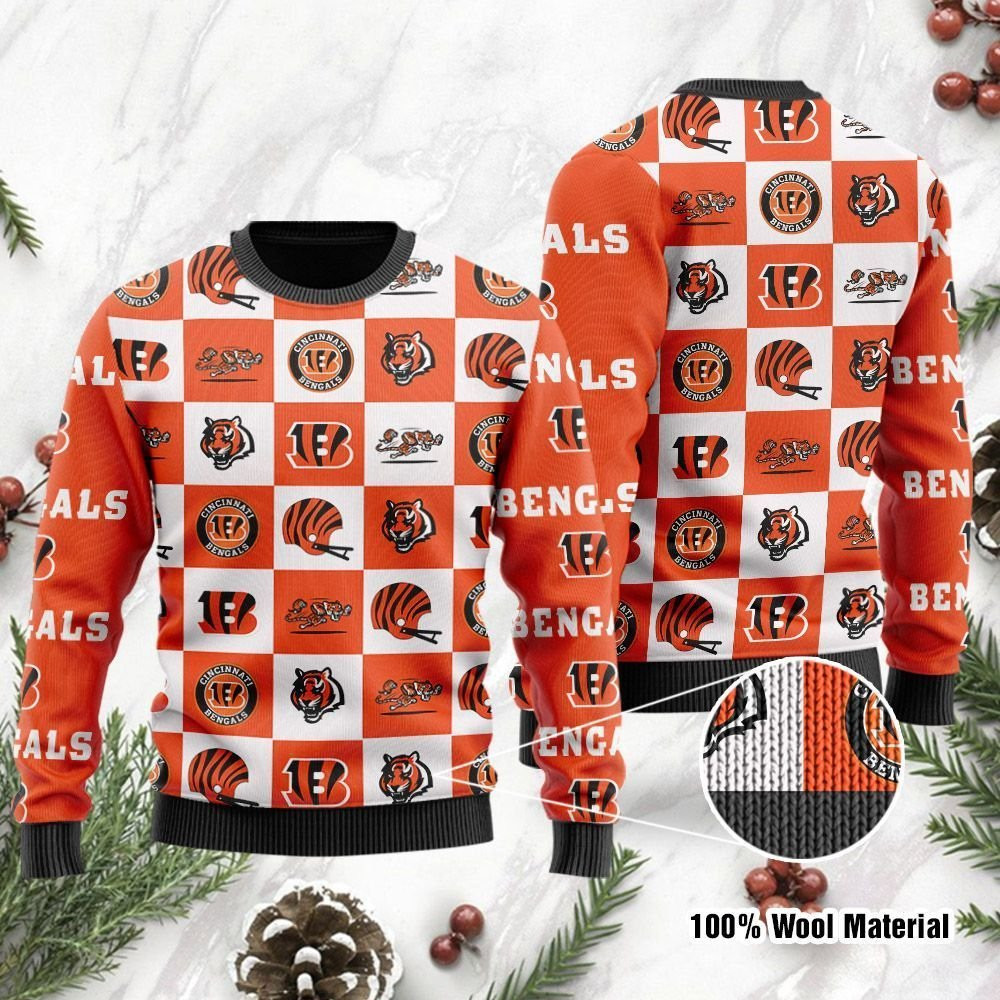 Cincinnati Bengals Logo Checkered Flannel Design Ugly Christmas Sweater Adult 3D Funny Matching for family