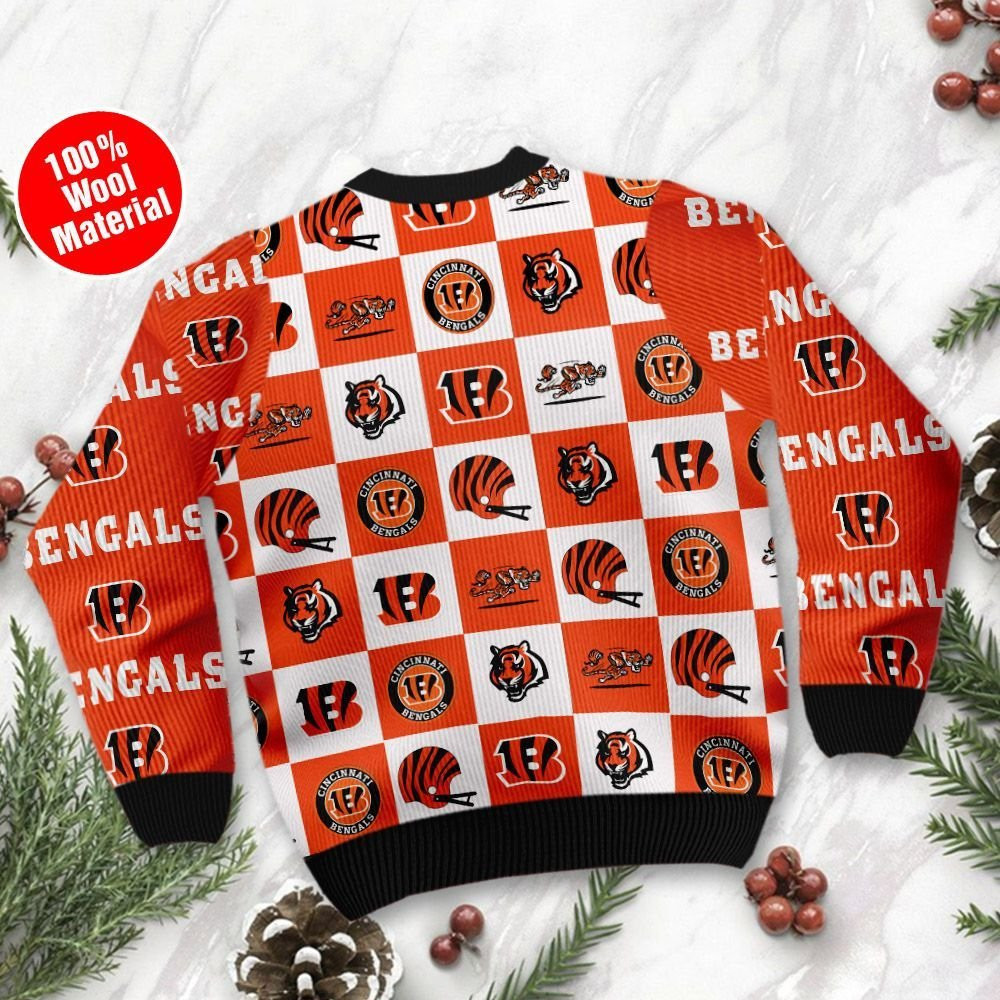 Cincinnati Bengals Logo Checkered Flannel Ugly Christmas Sweater Adult 3D Funny Matching for family - Image 3