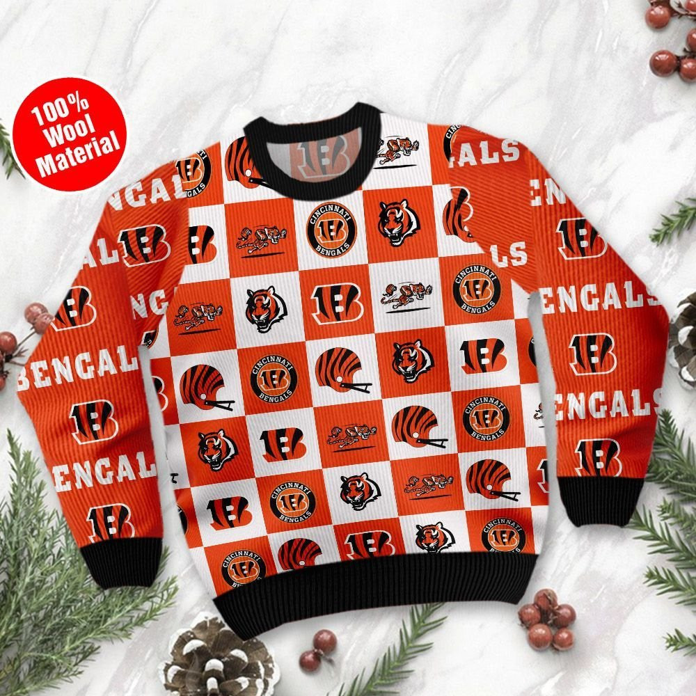 Cincinnati Bengals Logo Checkered Flannel Ugly Christmas Sweater Adult 3D Funny Matching for family - Image 2