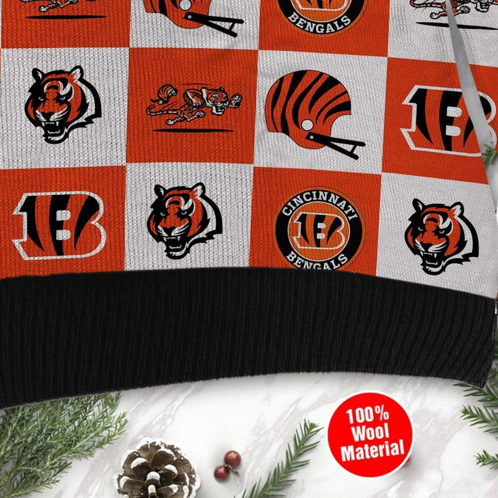 Cincinnati Bengals Logo Checkered Flannel Ugly Christmas Sweater Adult 3D Funny Matching for family - Image 4