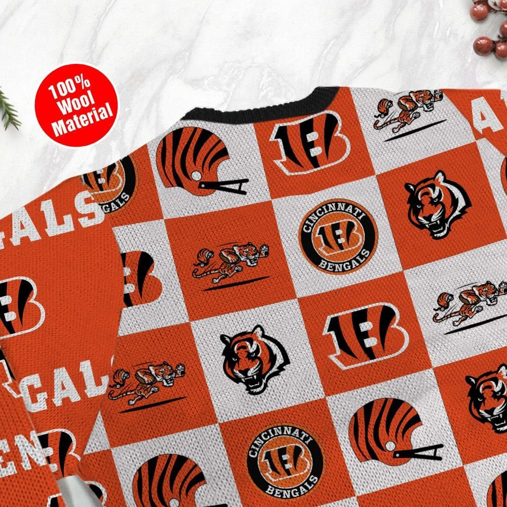 Cincinnati Bengals Logo Checkered Flannel Ugly Christmas Sweater Adult 3D Funny Matching for family - Image 5