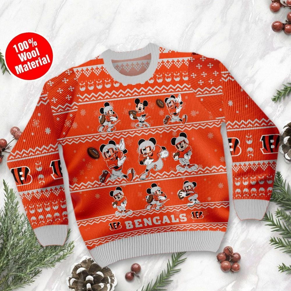 Cincinnati Bengals Mickey Mouse Ugly Christmas Sweater Adult 3D Funny Matching for family - Image 2
