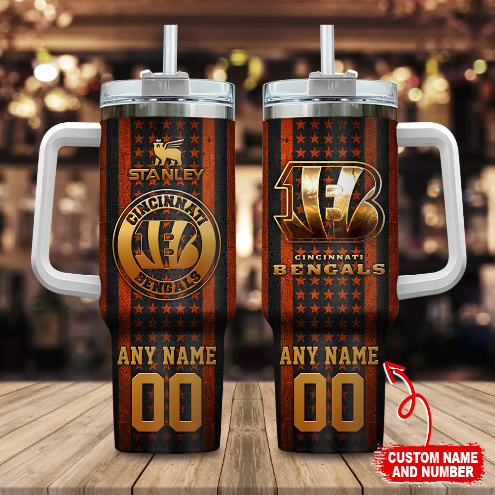 Cincinnati Bengals NFL Golden Logos US Flag Custom Stanley Cup 40 oz 30 oz Tumbler With HandleTVC230180