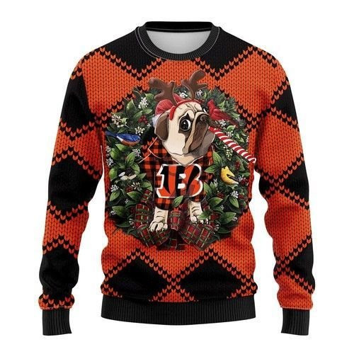 Cincinnati Bengals Pug Dog Ugly Christmas Sweater Adult 3D Funny Matching for family