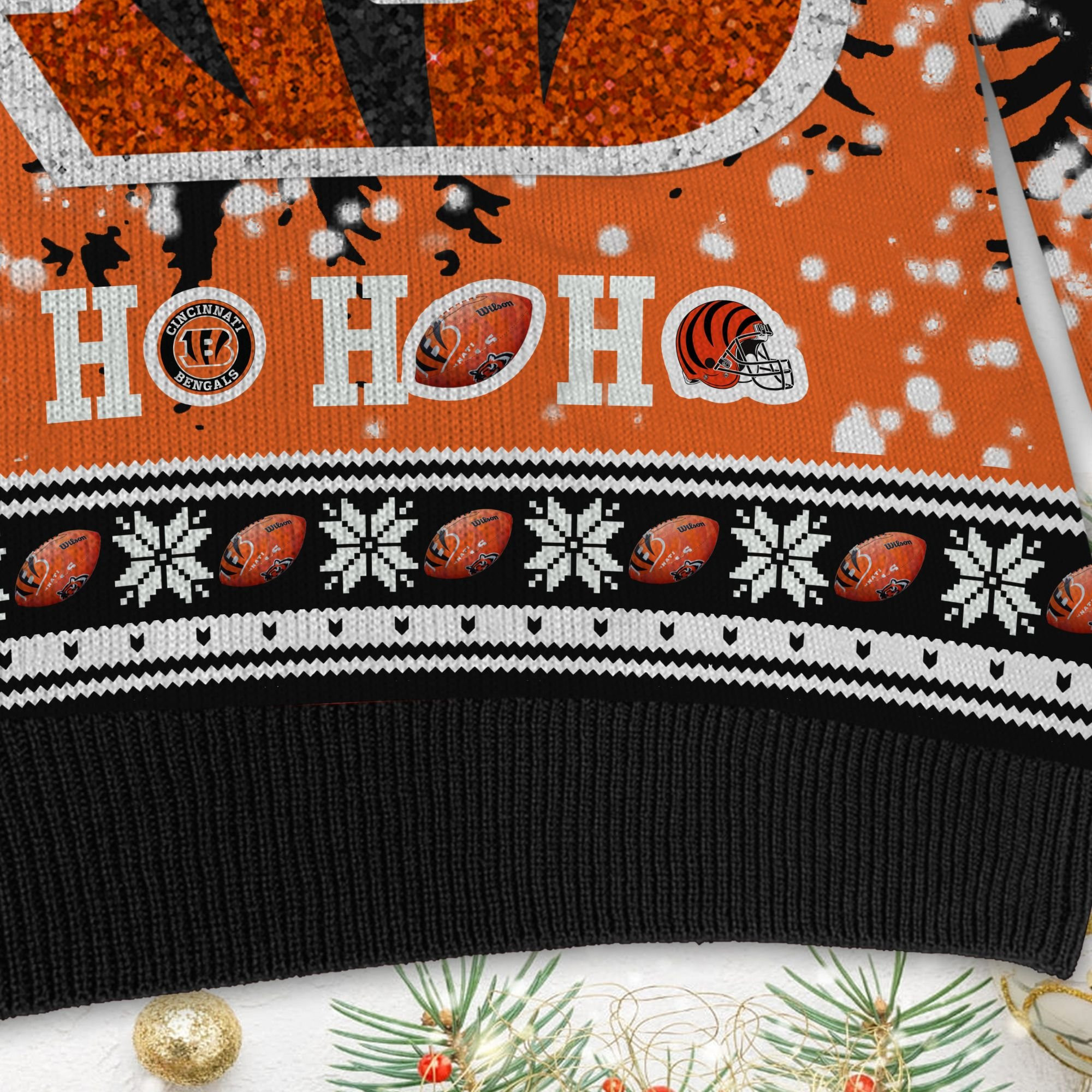 Cincinnati Bengals Symbol Wearing Santa Claus Hat Ho Ho Ho Personalized Ugly Christmas Sweater Adult 3D Funny Matching for family - Image 5