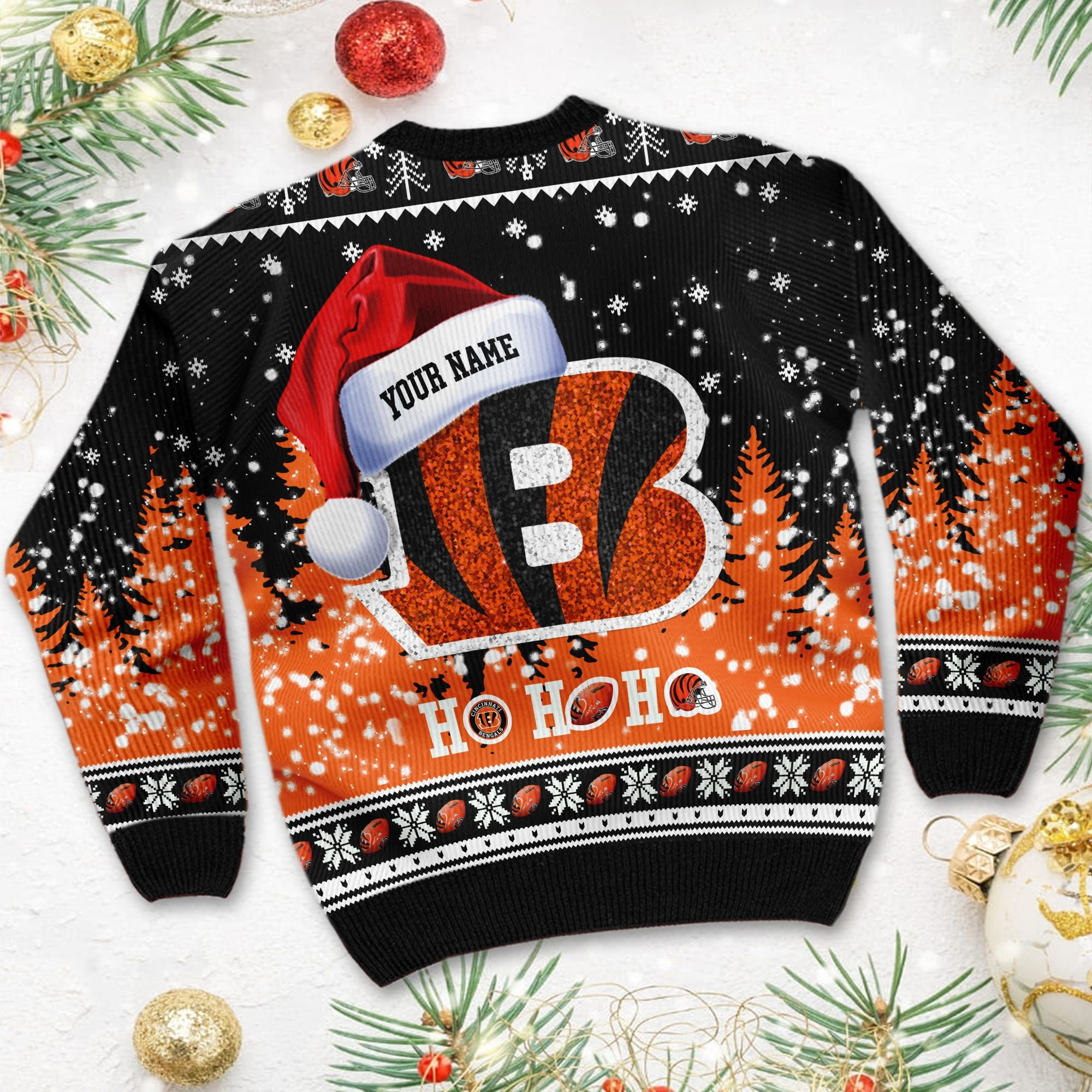 Cincinnati Bengals Symbol Wearing Santa Claus Hat Ho Ho Ho Personalized Ugly Christmas Sweater Adult 3D Funny Matching for family - Image 4