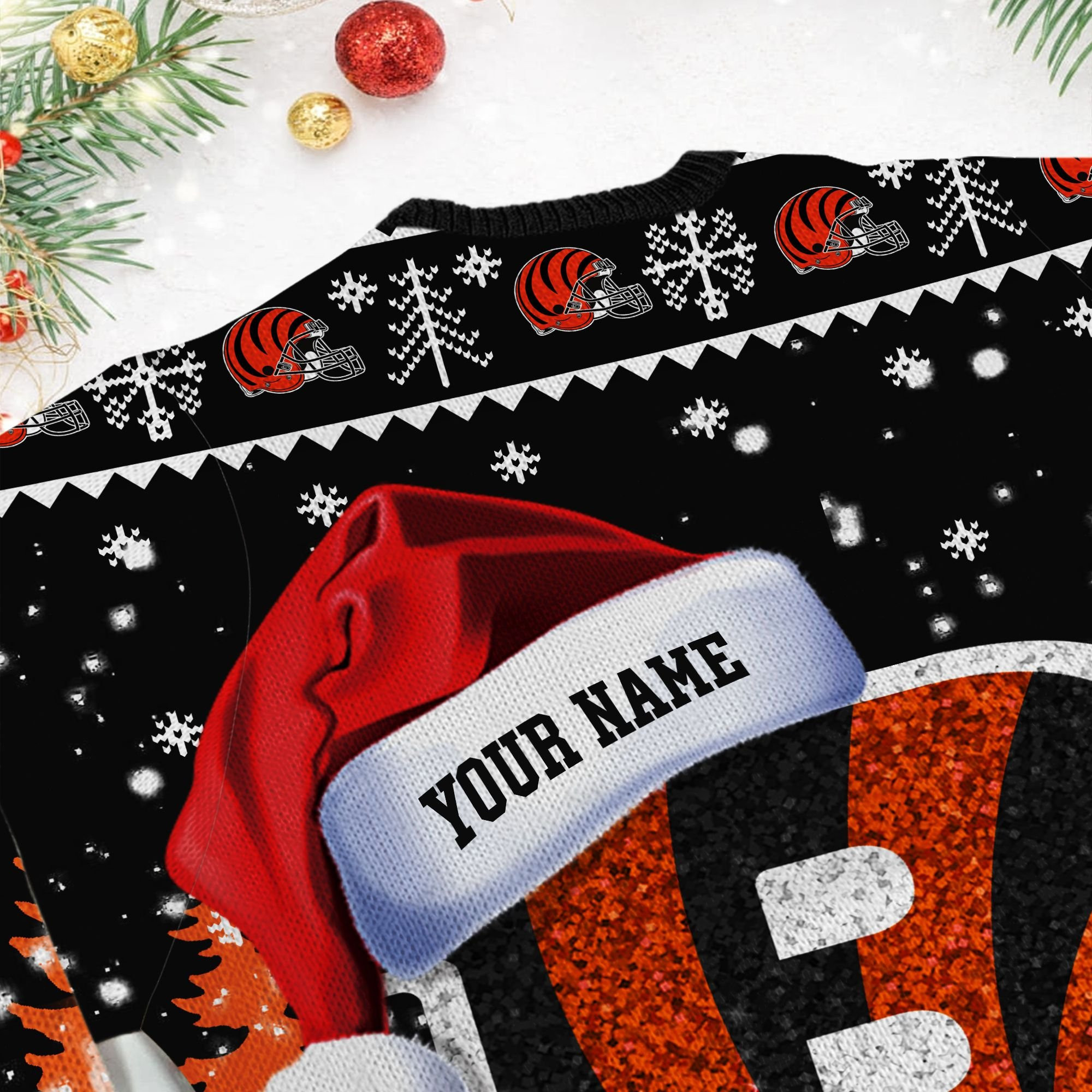 Cincinnati Bengals Symbol Wearing Santa Claus Hat Ho Ho Ho Personalized Ugly Christmas Sweater Adult 3D Funny Matching for family - Image 6
