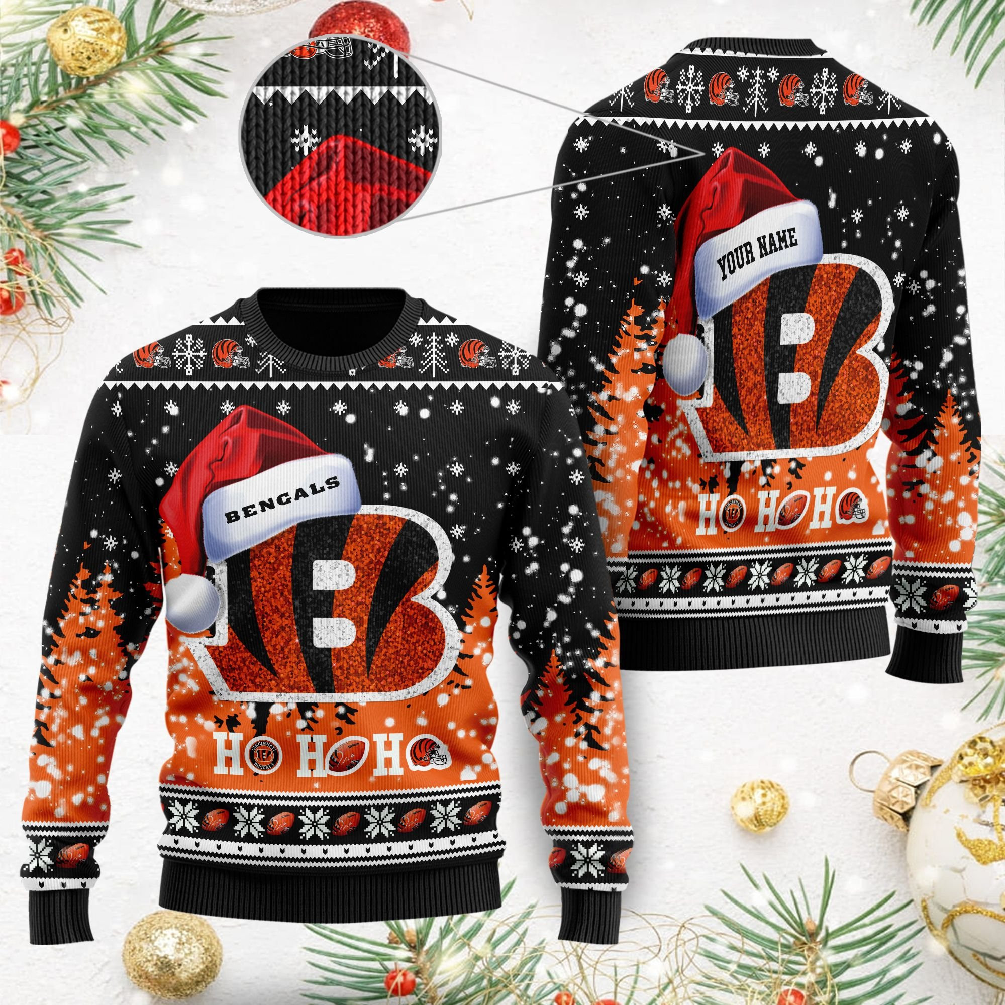 Cincinnati Bengals Symbol Wearing Santa Claus Hat Ho Ho Ho Personalized Ugly Christmas Sweater Adult 3D Funny Matching for family