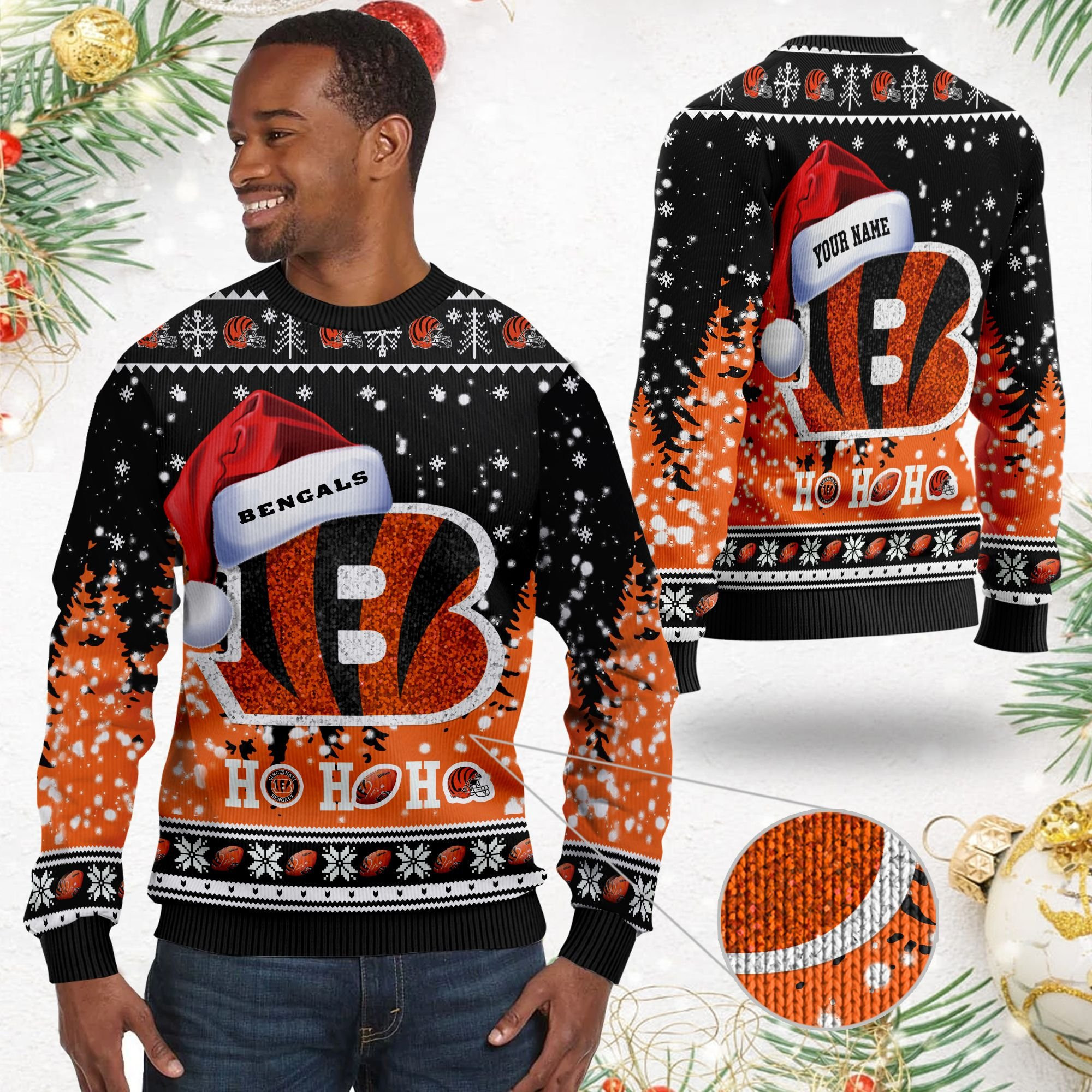 Cincinnati Bengals Symbol Wearing Santa Claus Hat Ho Ho Ho Personalized Ugly Christmas Sweater Adult 3D Funny Matching for family - Image 2