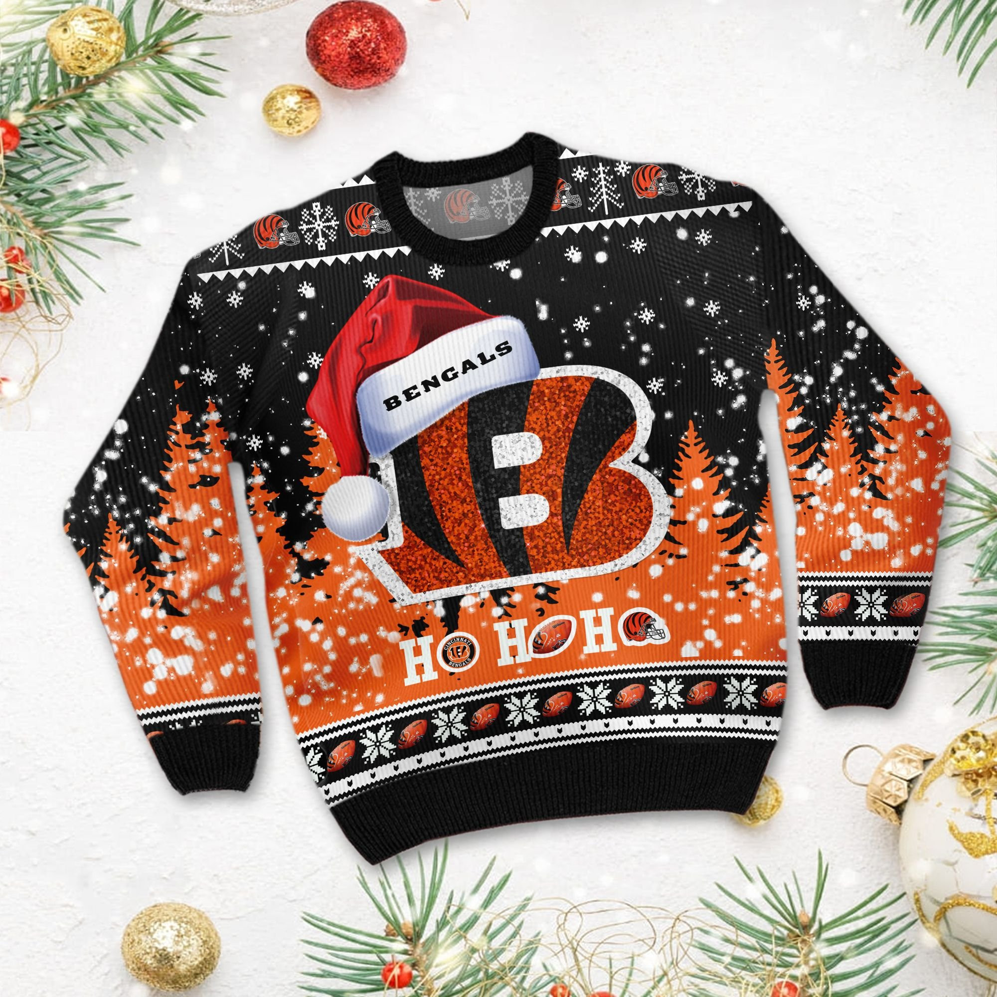 Cincinnati Bengals Symbol Wearing Santa Claus Hat Ho Ho Ho Personalized Ugly Christmas Sweater Adult 3D Funny Matching for family - Image 3