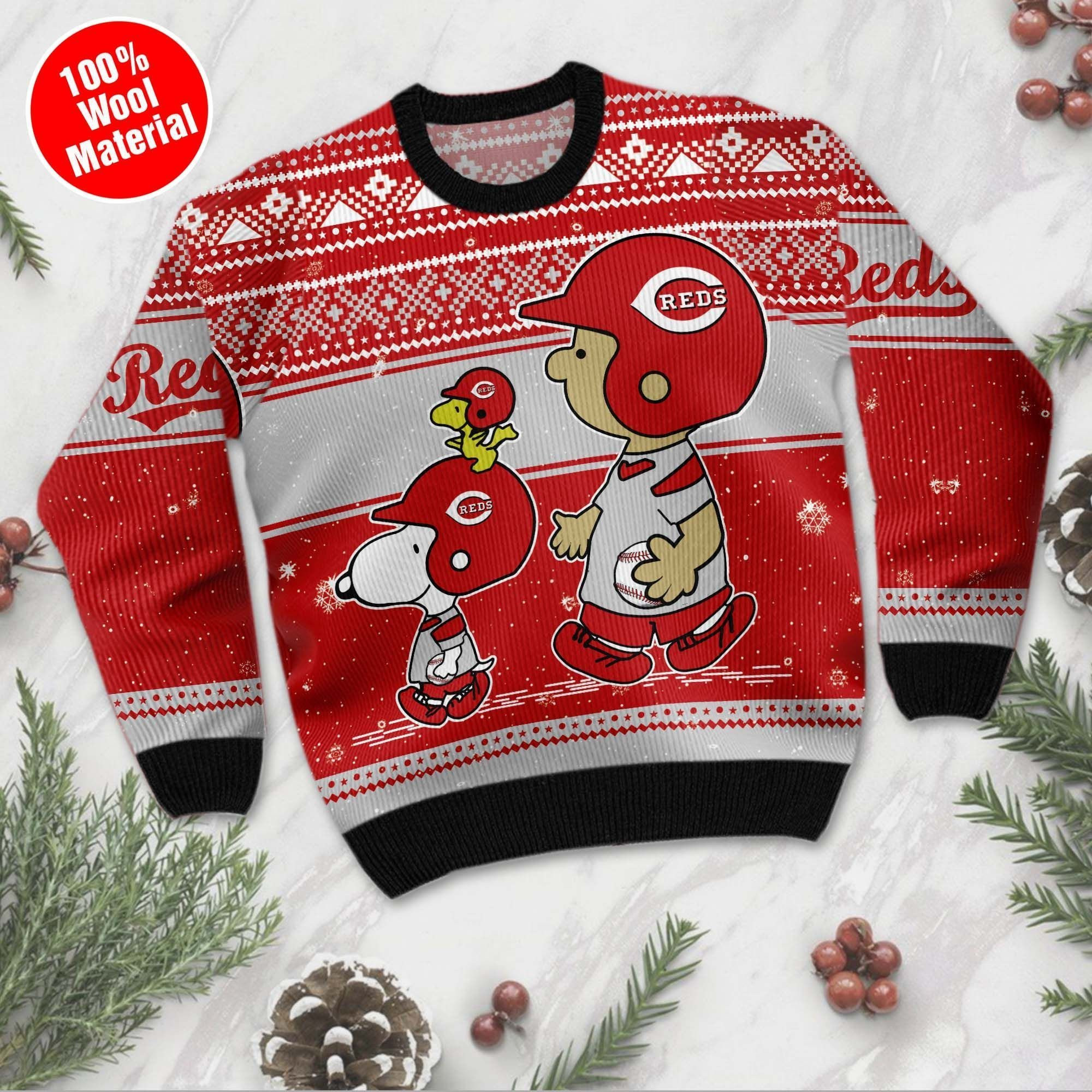 Cincinnati Reds Charlie Brown Snoopy Wear Football Jersey Ugly Christmas Sweater Adult 3D Funny Matching for family - Image 2