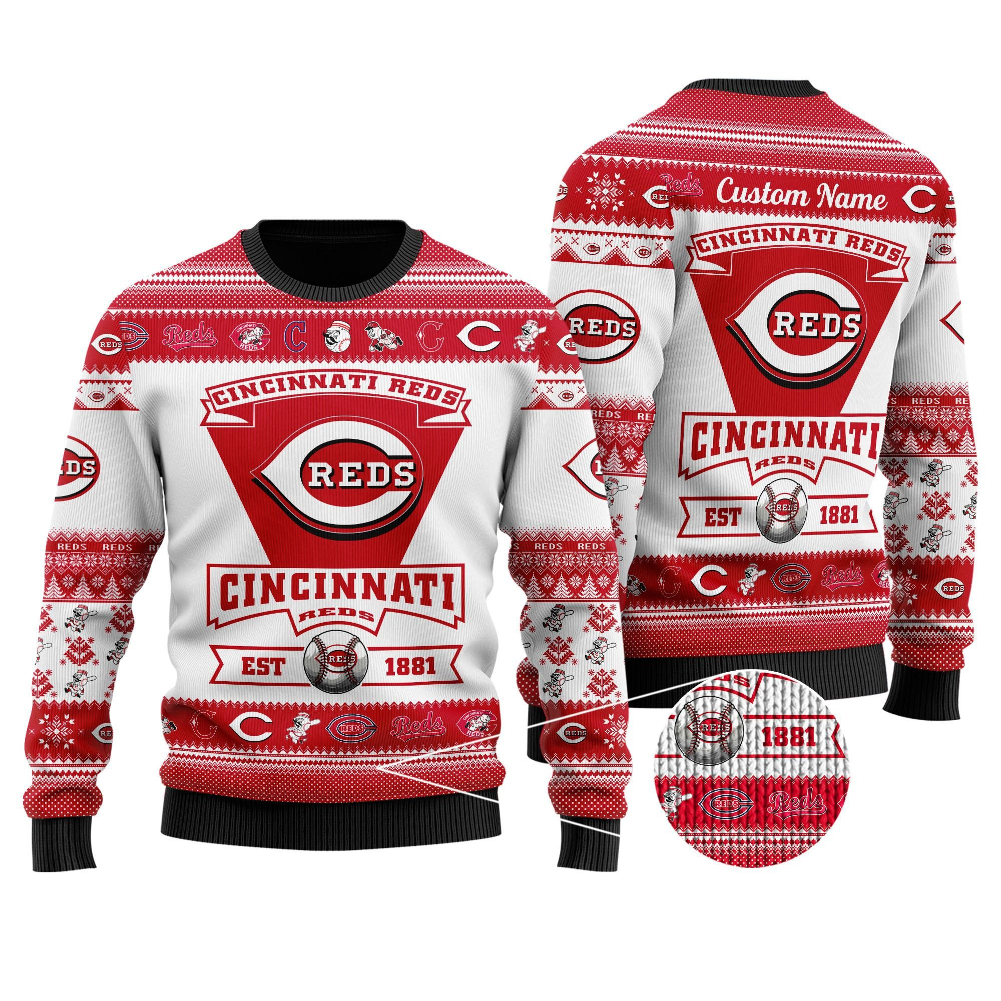 Cincinnati Reds Football Team Logo Custom Name Personalized Ugly Christmas Sweater Adult 3D Funny Matching for family