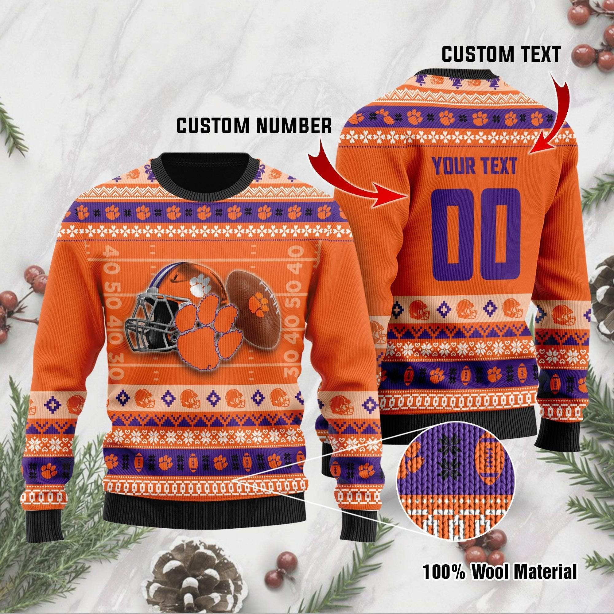 Clemson Tigers Custom Name & Number Personalized Ugly Christmas Sweater Adult 3D Funny Matching for family