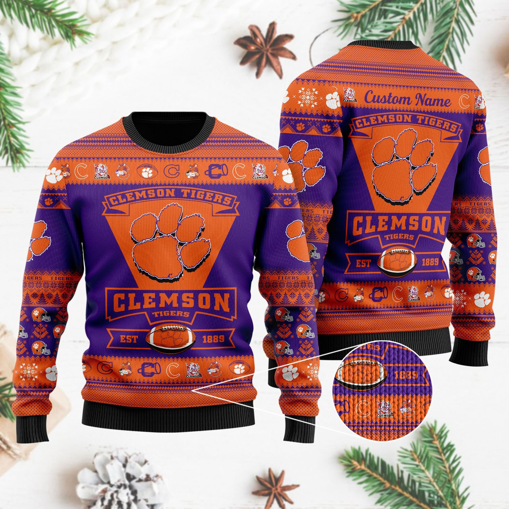 Clemson Tigers Football Team Logo Custom Name Personalized Ugly Christmas Sweater Adult 3D Funny Matching for family