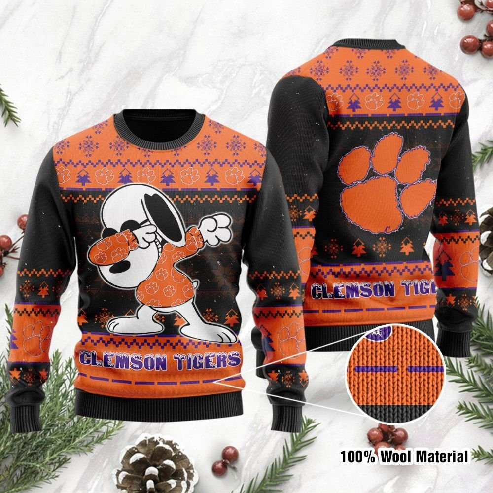 Clemson Tigers Snoopy Dabbing Ugly Christmas Sweater Adult 3D Funny Matching for family