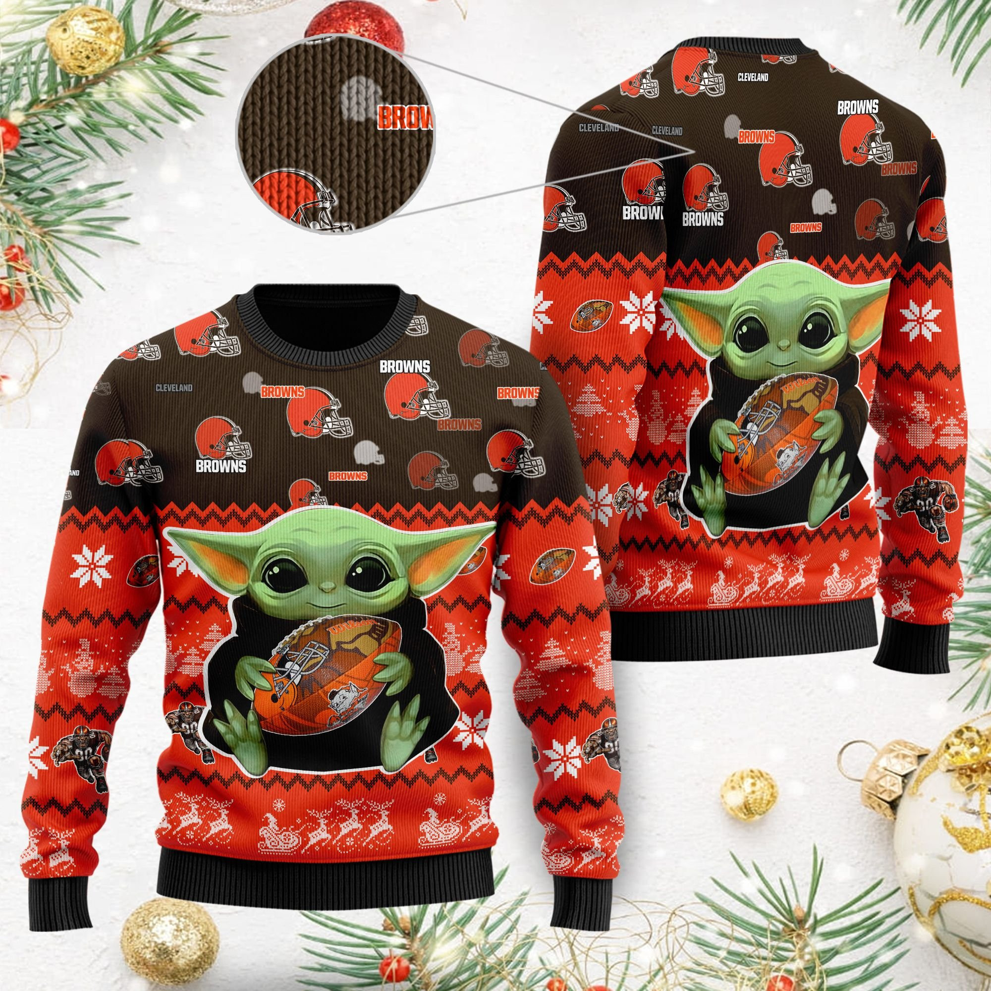 Cleveland Browns Baby Yoda Shirt For American Football Fans Ugly Christmas Sweater Adult 3D Funny Matching for family