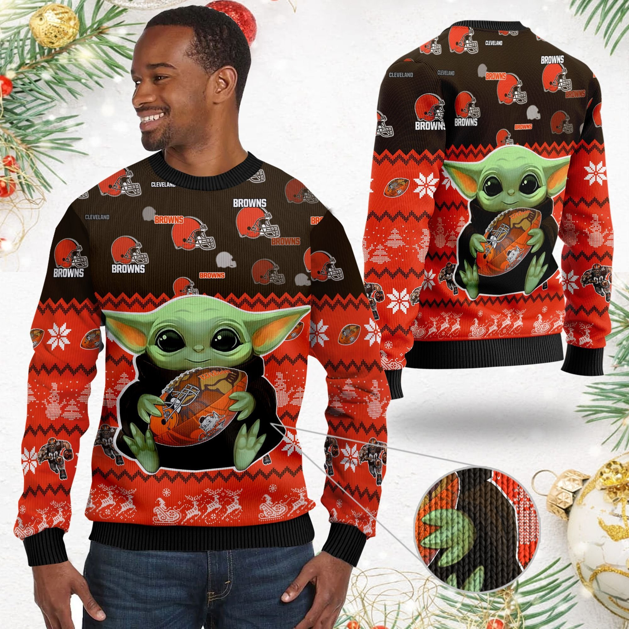 Cleveland Browns Baby Yoda Ugly Christmas Sweater Adult 3D Funny Matching for family - Image 2