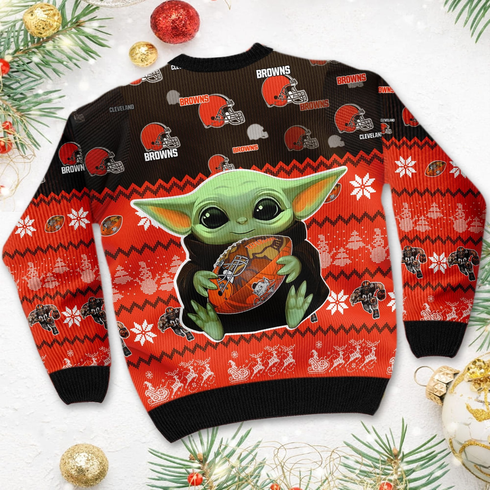 Cleveland Browns Baby Yoda Ugly Christmas Sweater Adult 3D Funny Matching for family - Image 4