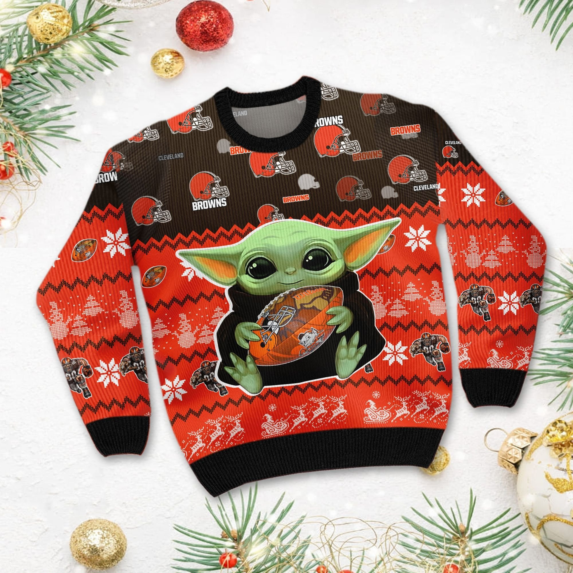 Cleveland Browns Baby Yoda Ugly Christmas Sweater Adult 3D Funny Matching for family - Image 3