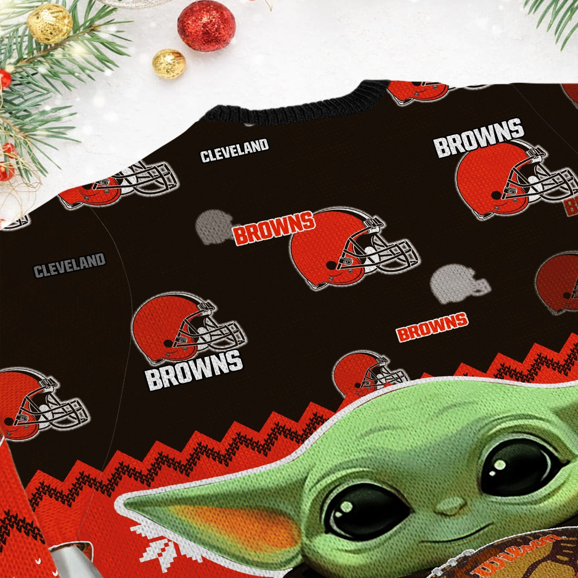Cleveland Browns Baby Yoda Ugly Christmas Sweater Adult 3D Funny Matching for family - Image 6