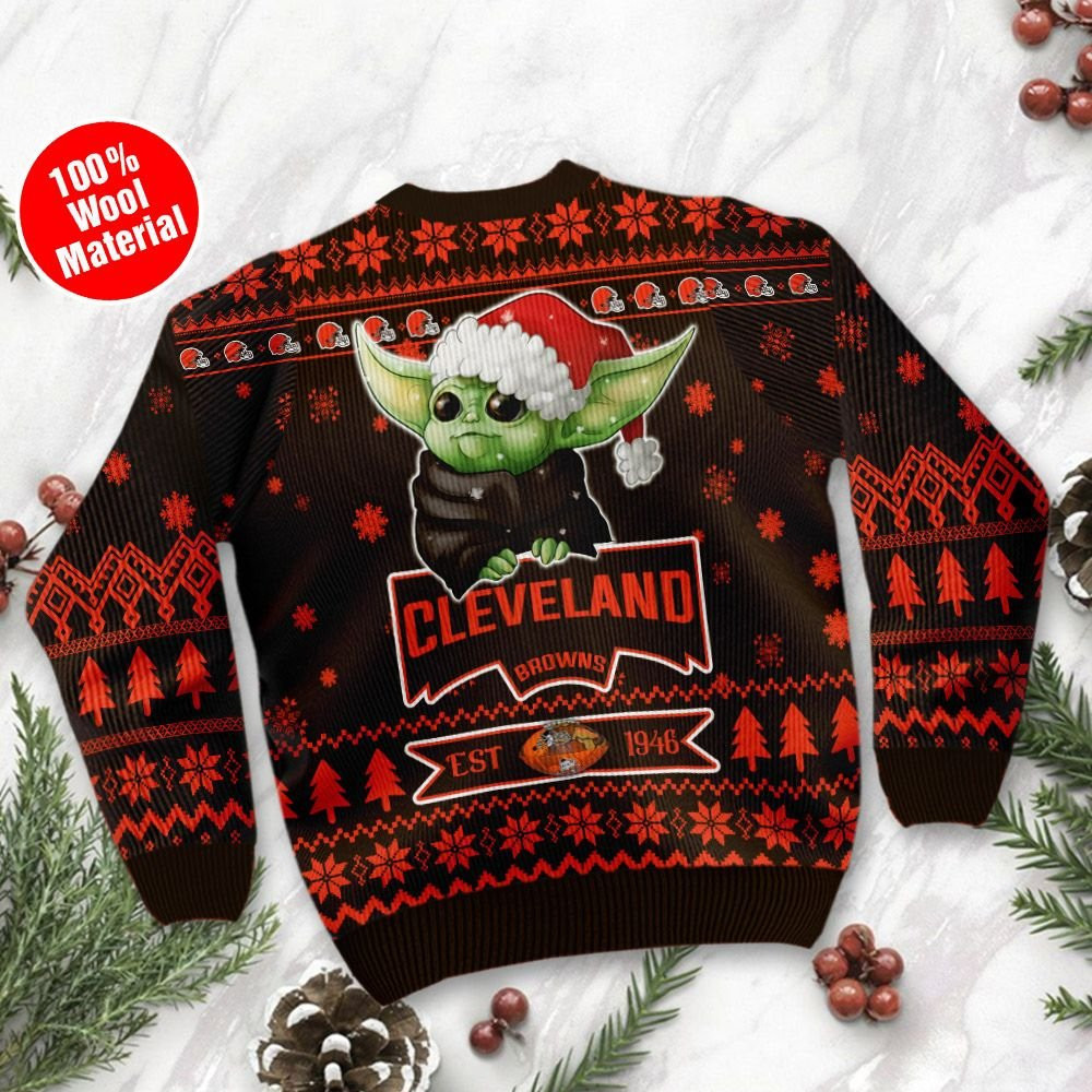Cleveland Browns Cute Baby Yoda Grogu Holiday Party Ugly Christmas Sweater Adult 3D Funny Matching for family - Image 3