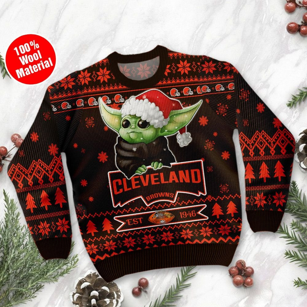 Cleveland Browns Cute Baby Yoda Grogu Holiday Party Ugly Christmas Sweater Adult 3D Funny Matching for family - Image 2
