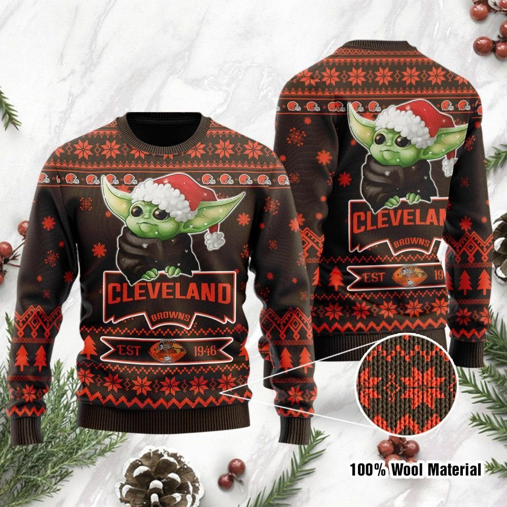 Cleveland Browns Cute Baby Yoda Grogu Ugly Christmas Sweater Adult 3D Funny Matching for family