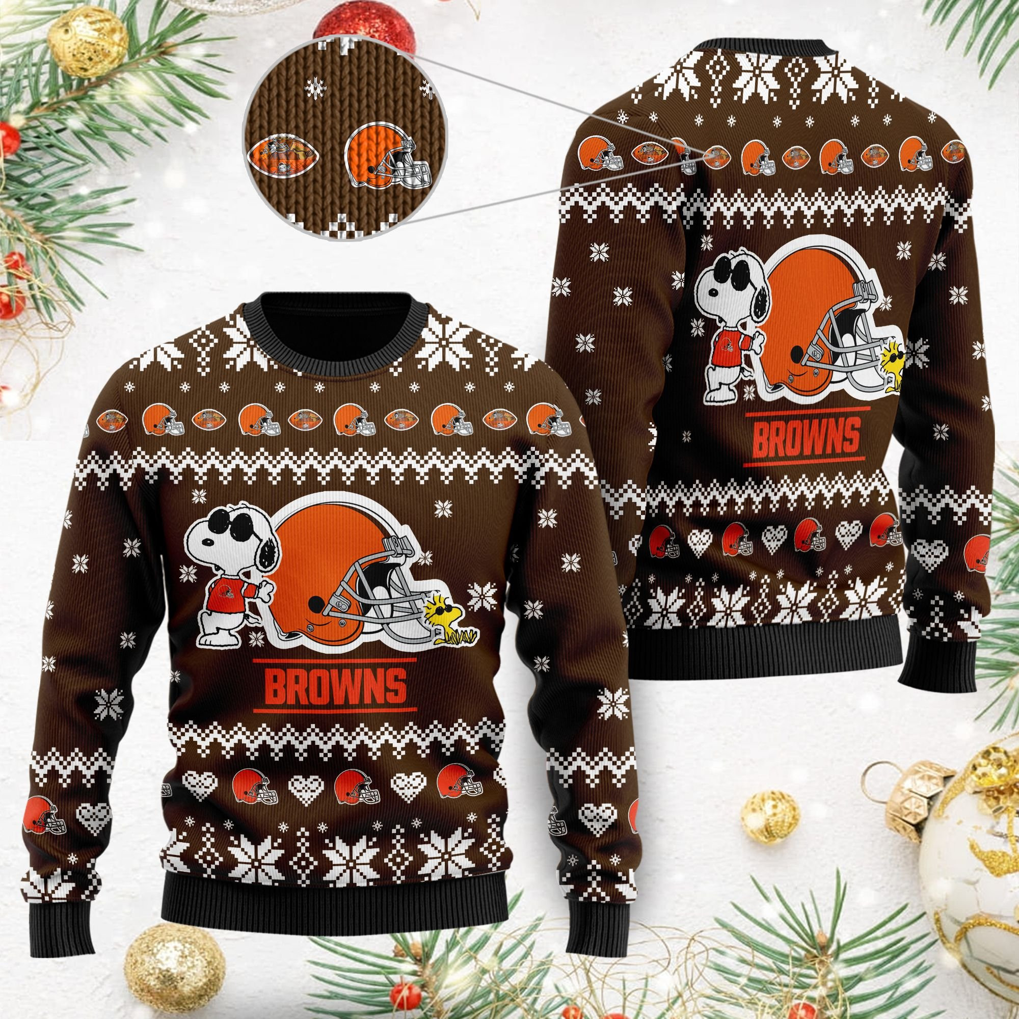 Cleveland Browns Cute The Snoopy Show Football Helmet 3D Ugly Christmas Sweater Adult 3D Funny Matching for family