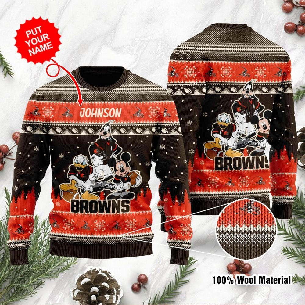 Cleveland Browns Disney Donald Duck Mickey Mouse Goofy Personalized Ugly Christmas Sweater Adult 3D Funny Matching for family