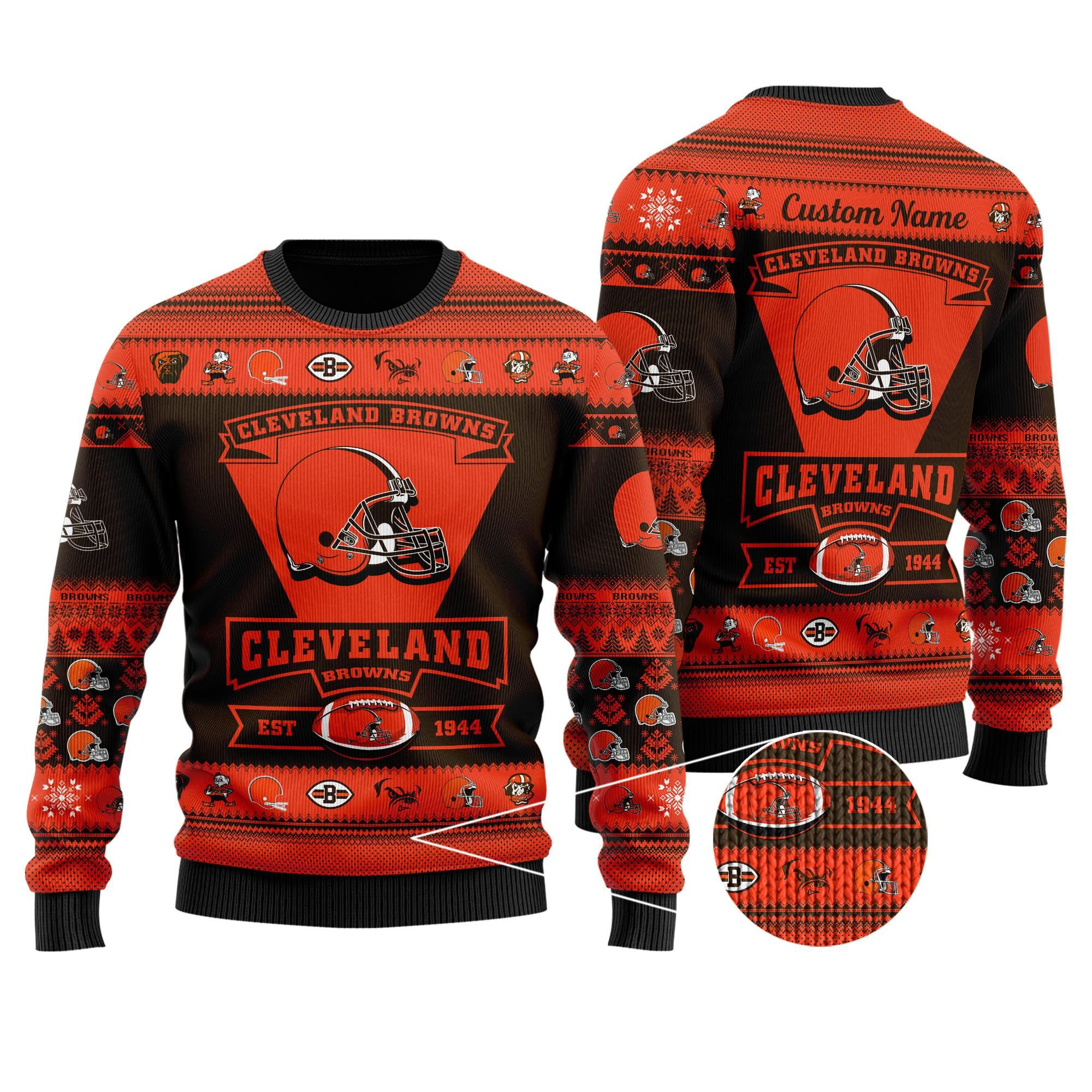 Cleveland Browns Football Team Logo Custom Name Personalized Ugly Christmas Sweater Adult 3D Funny Matching for family - Image 2