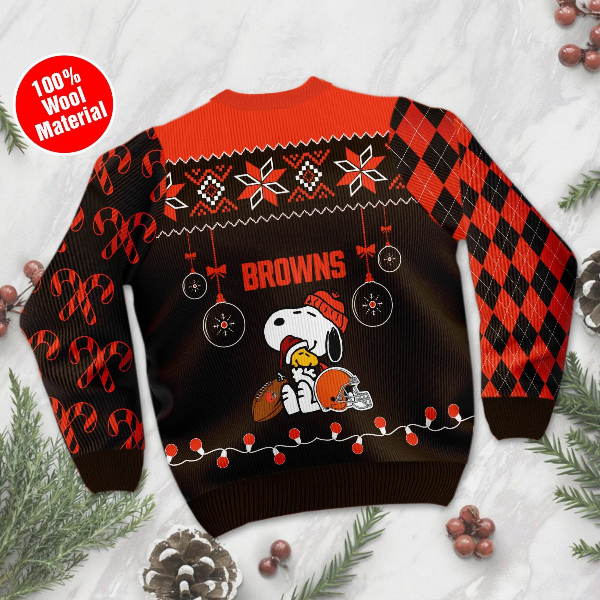 Cleveland Browns Funny Charlie Brown Peanuts Snoopy Ugly Christmas Sweater Adult 3D Funny Matching for family - Image 3