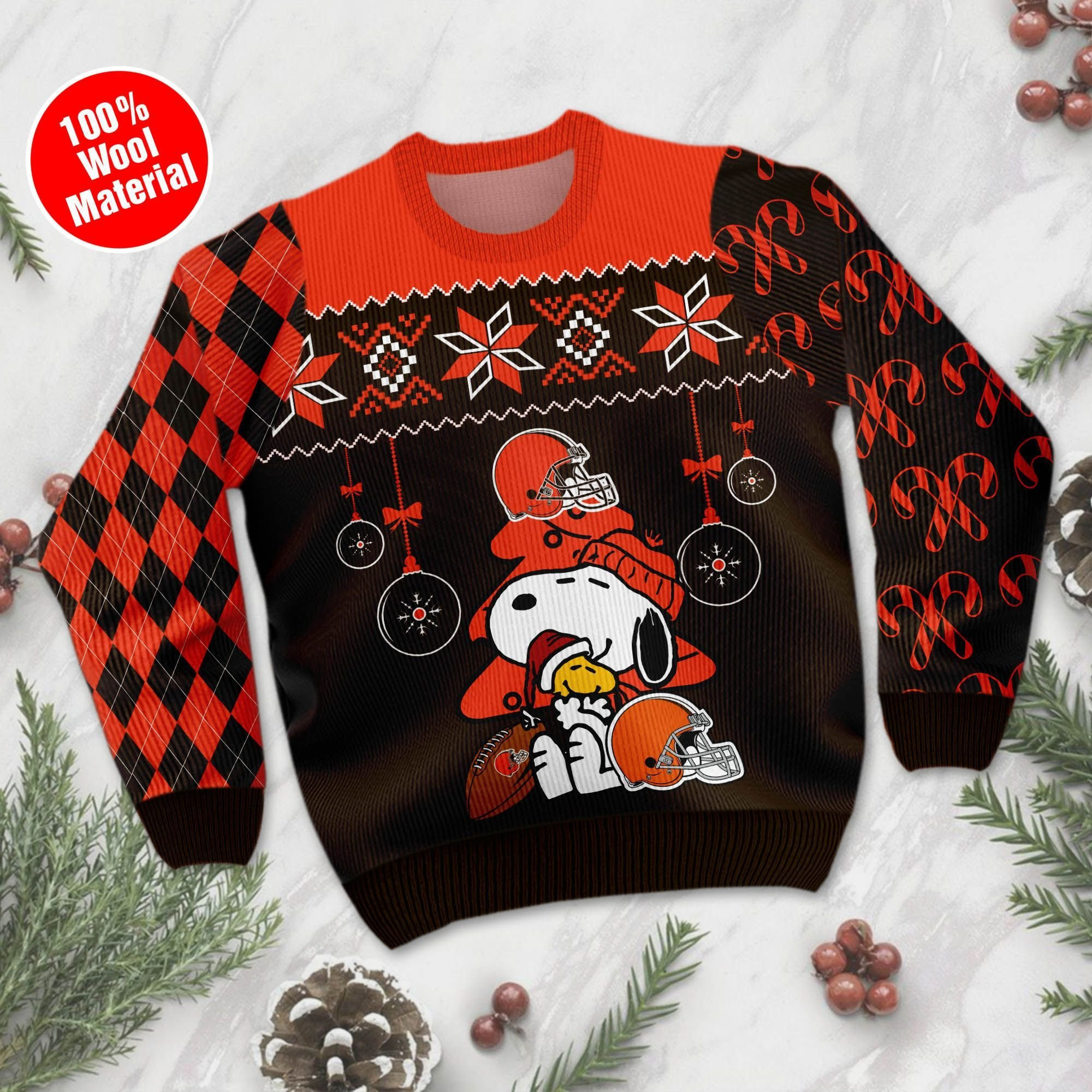 Cleveland Browns Funny Charlie Brown Peanuts Snoopy Ugly Christmas Sweater Adult 3D Funny Matching for family - Image 2