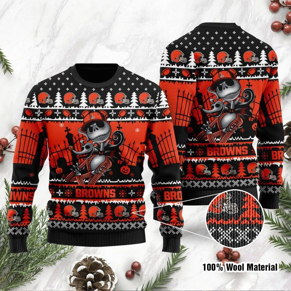 Cleveland Browns Jack Skellington Halloween Holiday Party Ugly Christmas Sweater Adult 3D Funny Matching for family