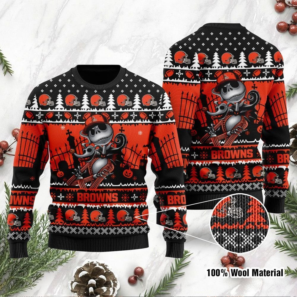 Cleveland Browns Jack Skellington Halloween Ugly Christmas Sweater Adult 3D Funny Matching for family