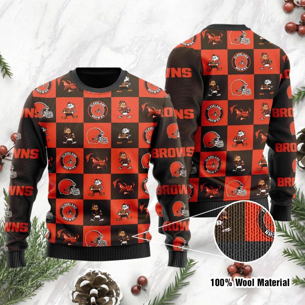 Cleveland Browns Logo Checkered Flannel Ugly Christmas Sweater Adult 3D Funny Matching for family