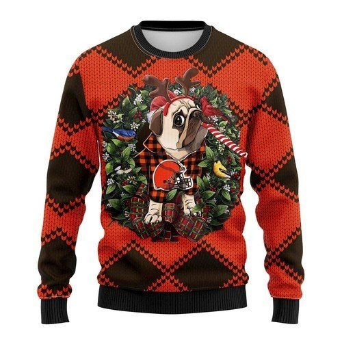 Cleveland Browns Pug Dog For Unisex Ugly Christmas Sweater Adult 3D Funny Matching for family