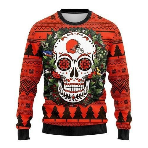 Cleveland Browns Skull Flower Ugly Christmas Sweater Adult 3D Funny Matching for family