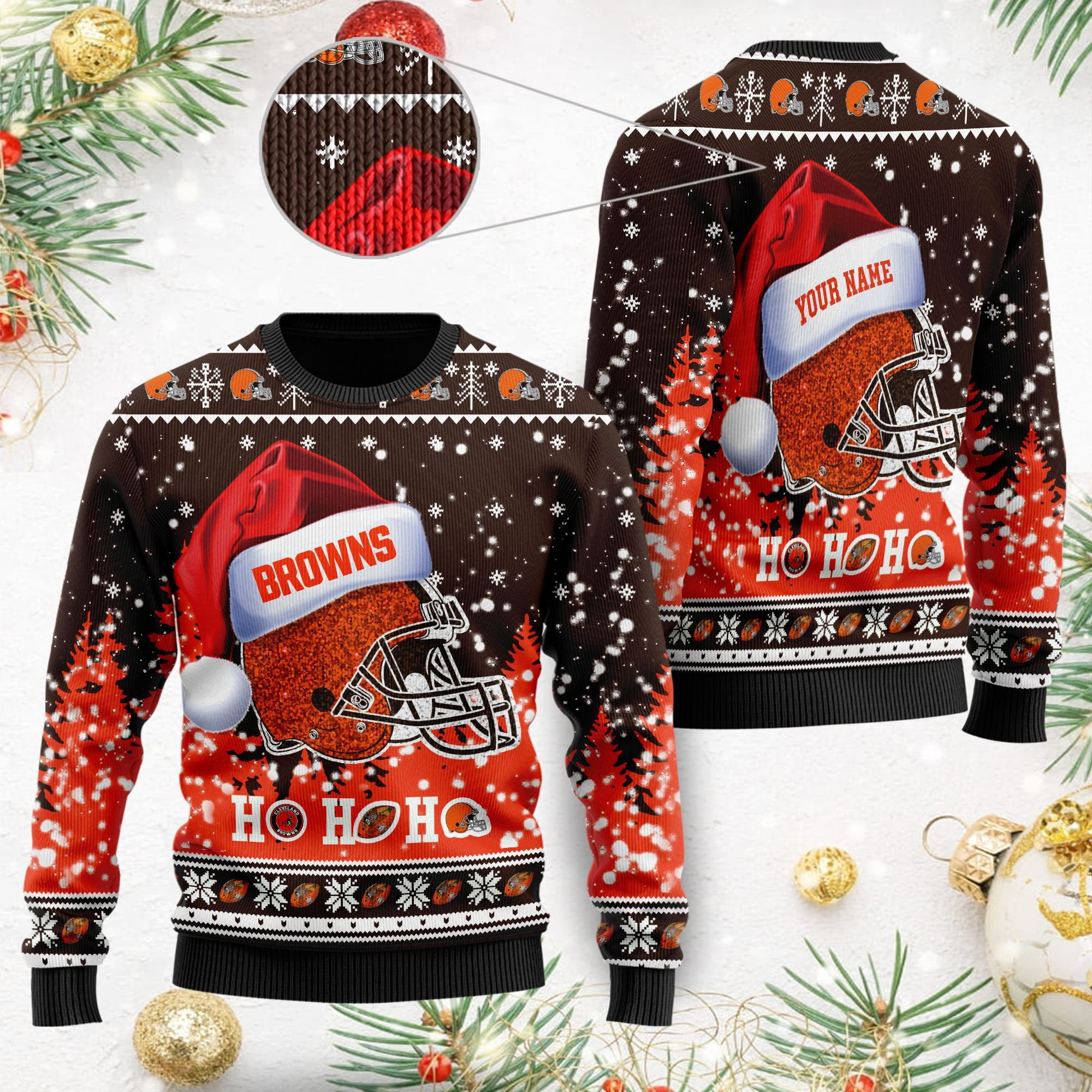 Cleveland Browns Symbol Wearing Santa Claus Hat Ho Ho Ho Custom Personalized Ugly Christmas Sweater Adult 3D Funny Matching for family
