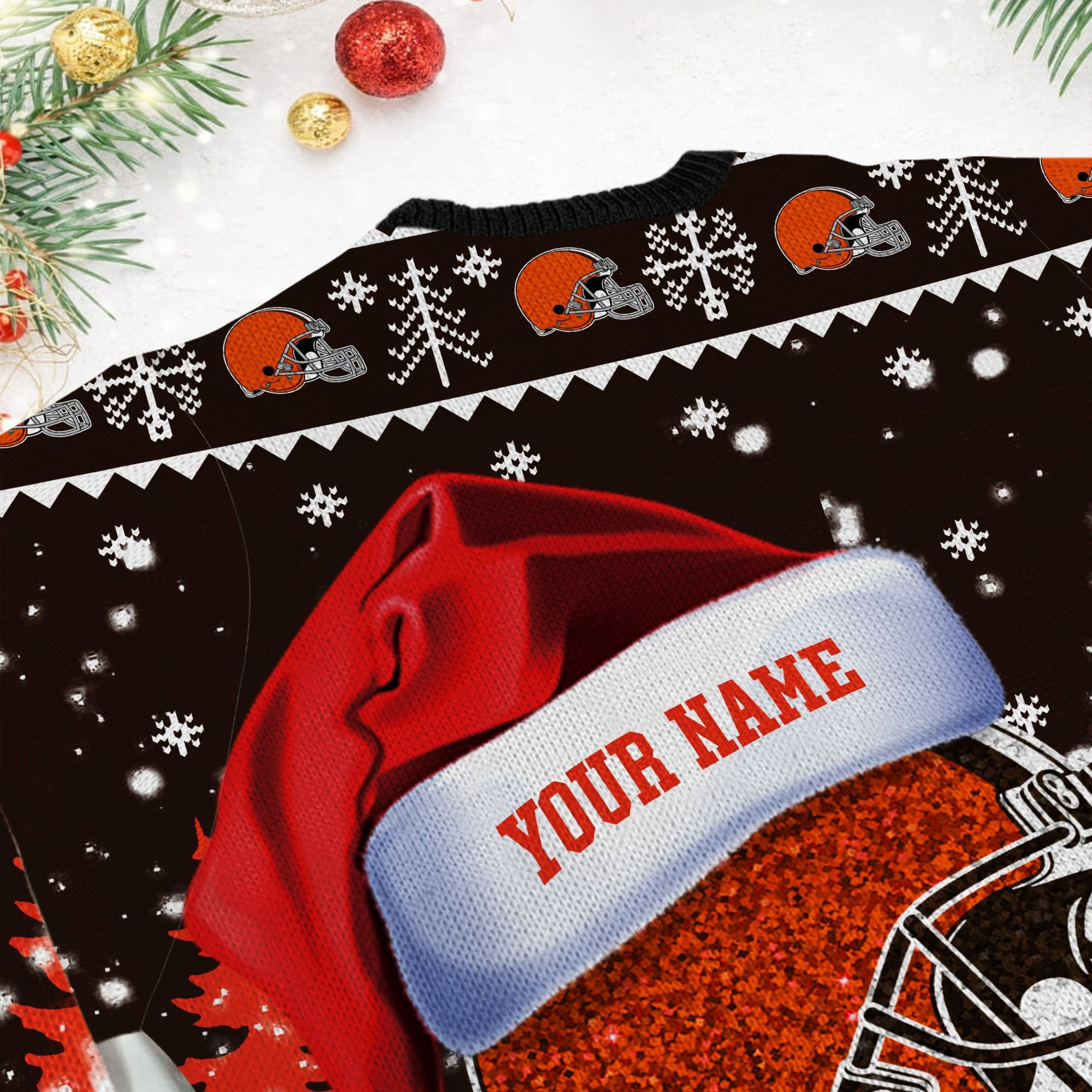Cleveland Browns Symbol Wearing Santa Claus Hat Ho Ho Ho Custom Personalized Ugly Christmas Sweater Adult 3D Funny Matching for family - Image 6