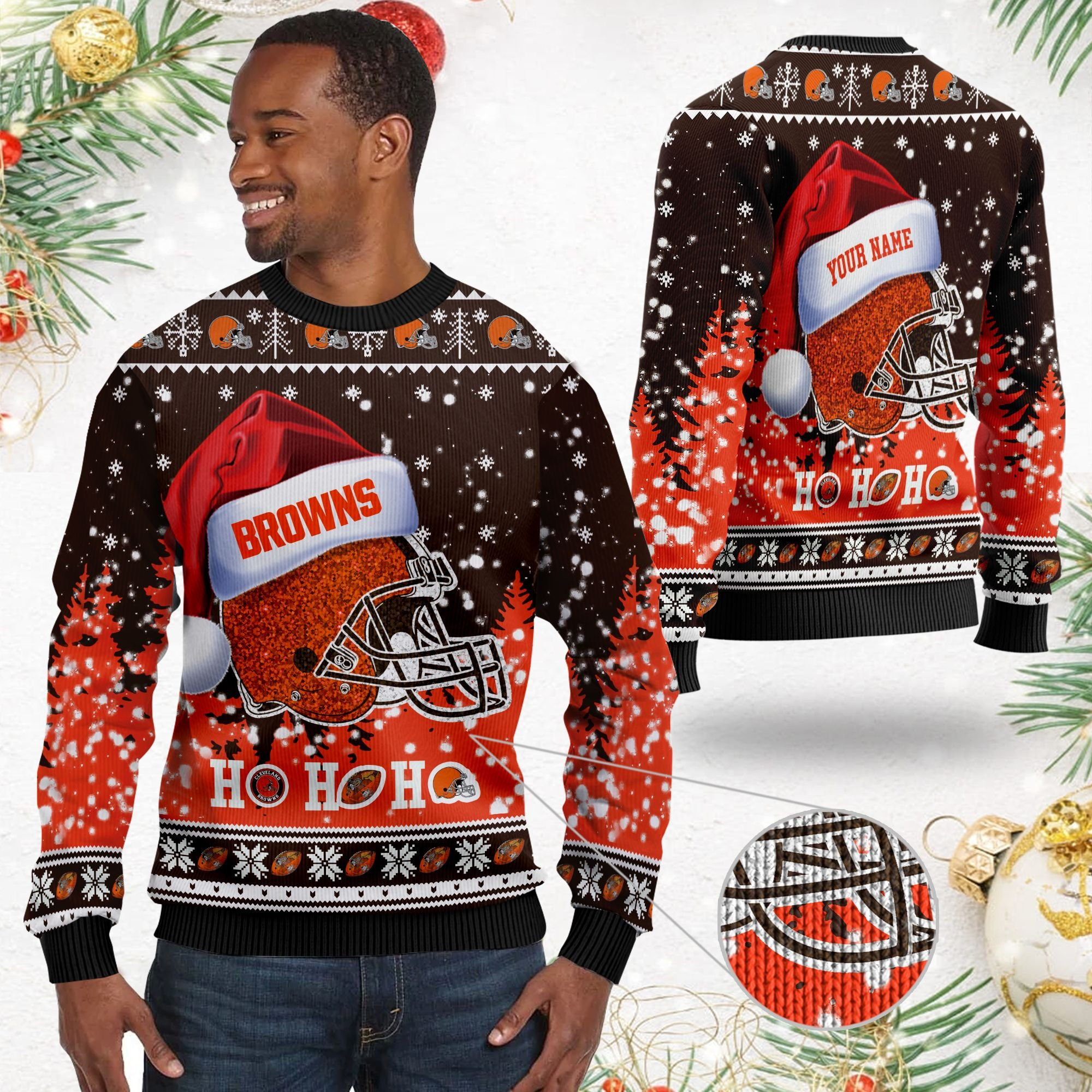 Cleveland Browns Symbol Wearing Santa Claus Hat Ho Ho Ho Custom Personalized Ugly Christmas Sweater Adult 3D Funny Matching for family - Image 2