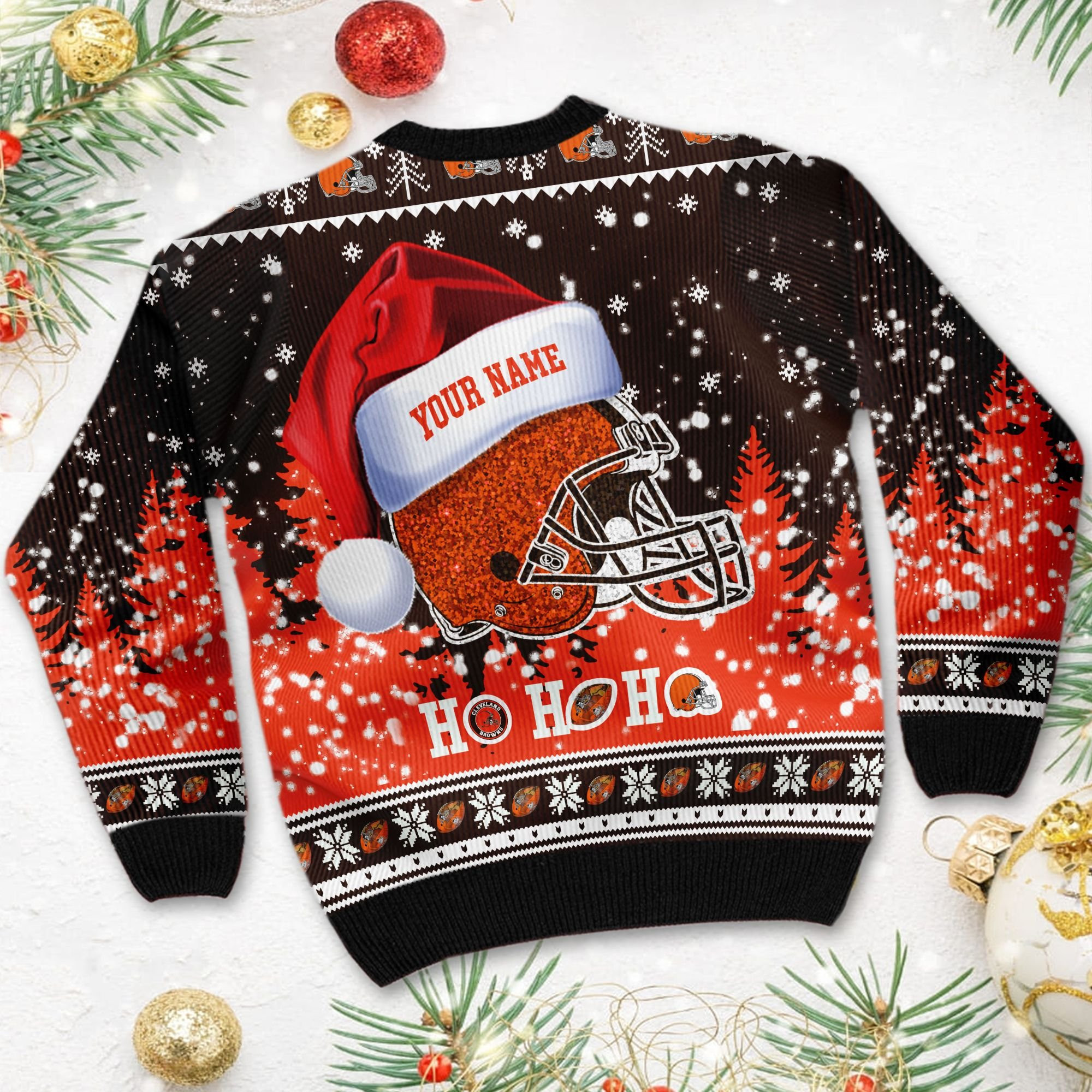 Cleveland Browns Symbol Wearing Santa Claus Hat Ho Ho Ho Custom Personalized Ugly Christmas Sweater Adult 3D Funny Matching for family - Image 4