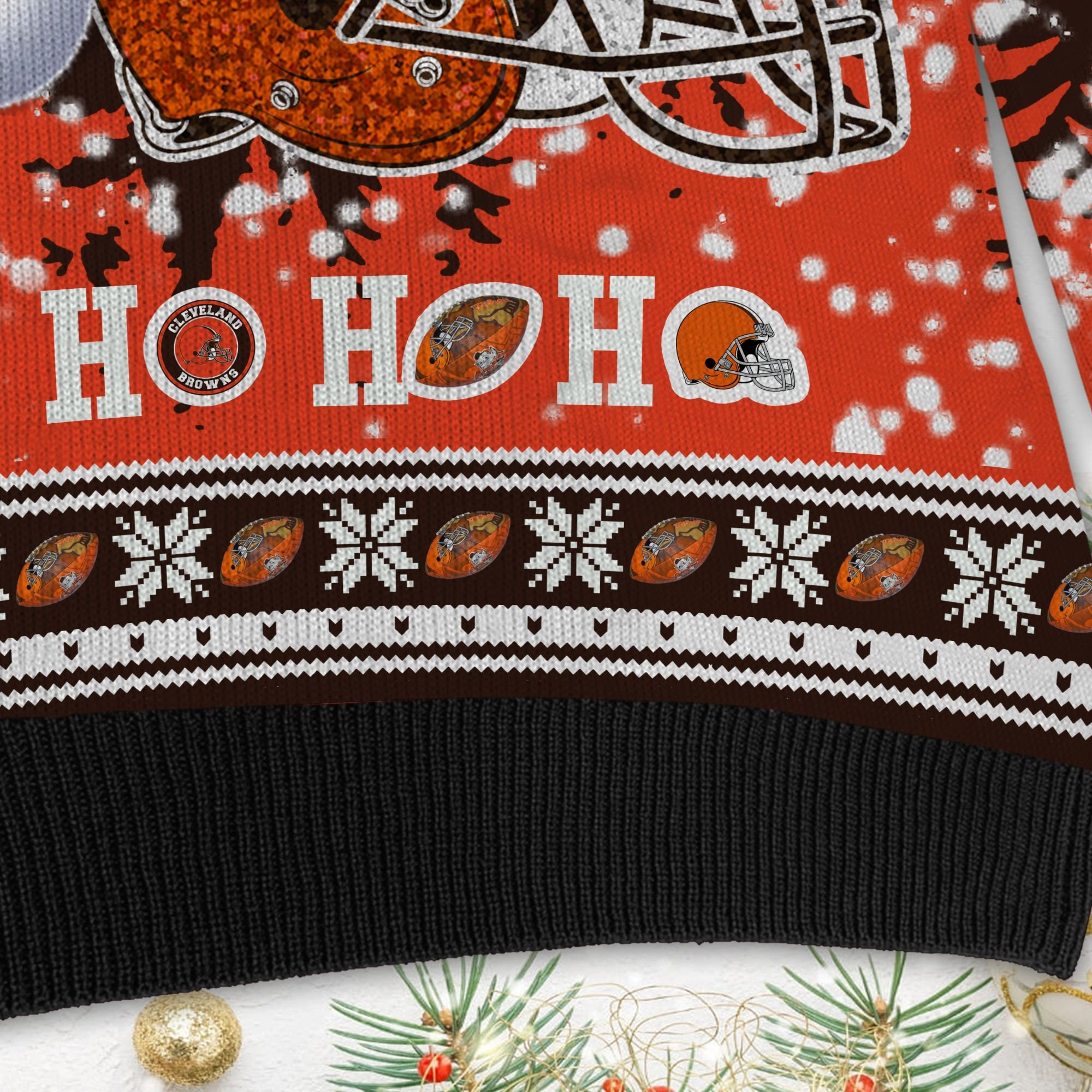 Cleveland Browns Symbol Wearing Santa Claus Hat Ho Ho Ho Custom Personalized Ugly Christmas Sweater Adult 3D Funny Matching for family - Image 5