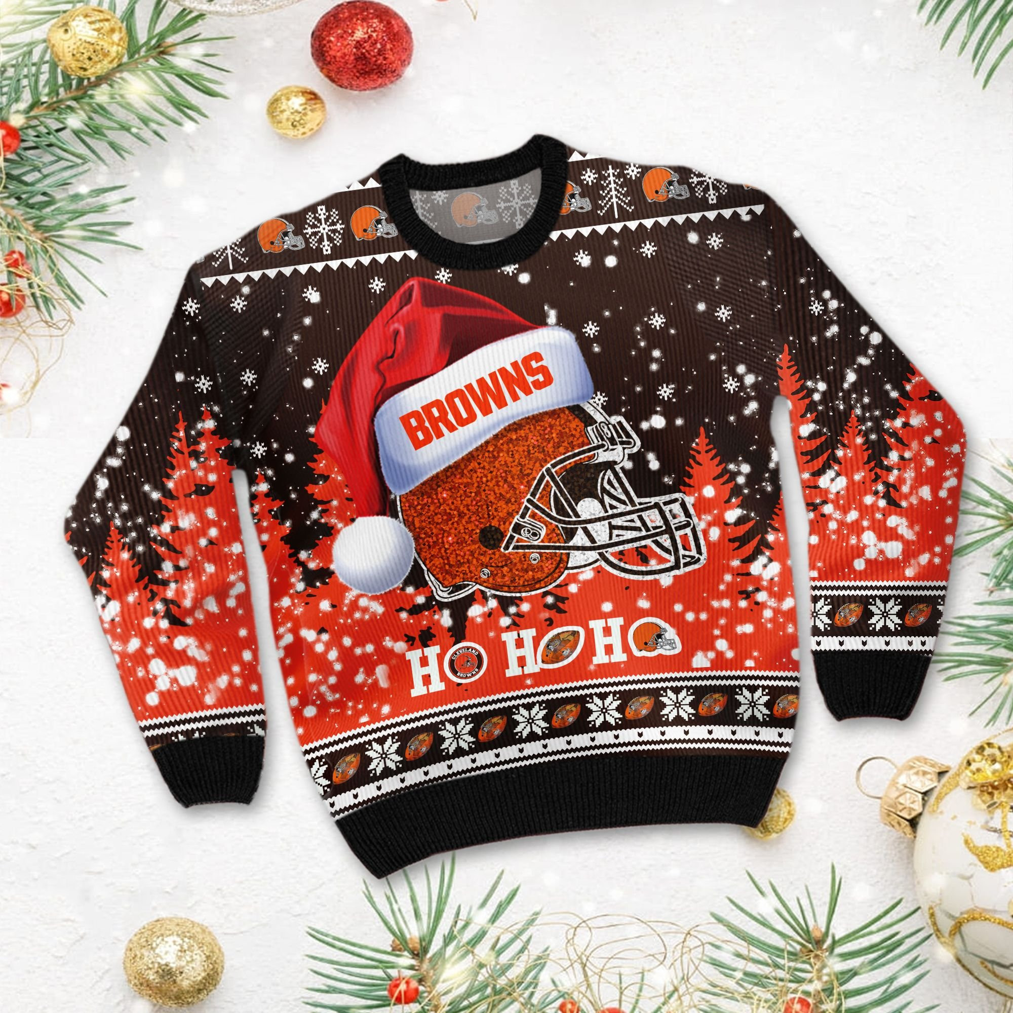 Cleveland Browns Symbol Wearing Santa Claus Hat Ho Ho Ho Custom Personalized Ugly Christmas Sweater Adult 3D Funny Matching for family - Image 3