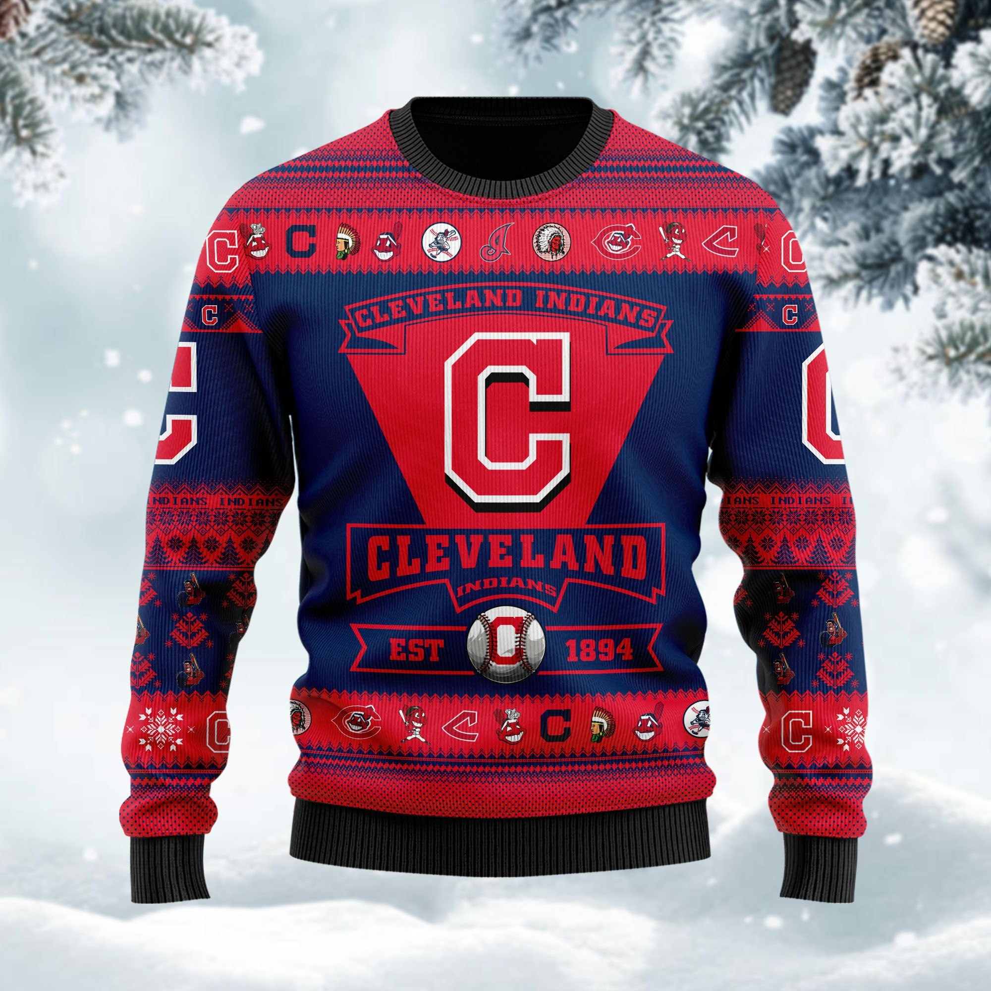 Cleveland Indians Football Team Logo Custom Name Personalized Ugly Christmas Sweater Adult 3D Funny Matching for family - Image 2