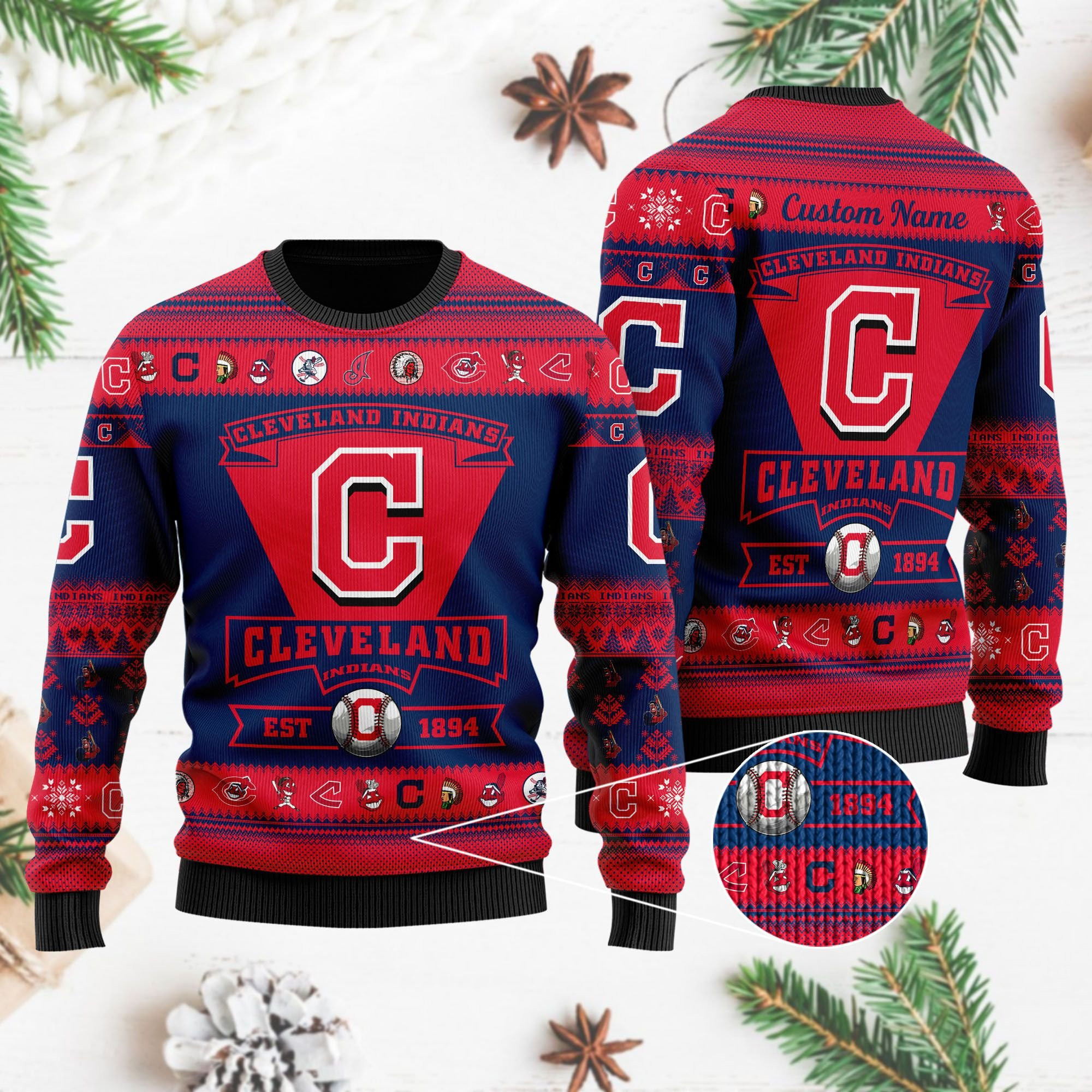 Cleveland Indians Football Team Logo Custom Name Personalized Ugly Christmas Sweater Adult 3D Funny Matching for family - Image 4