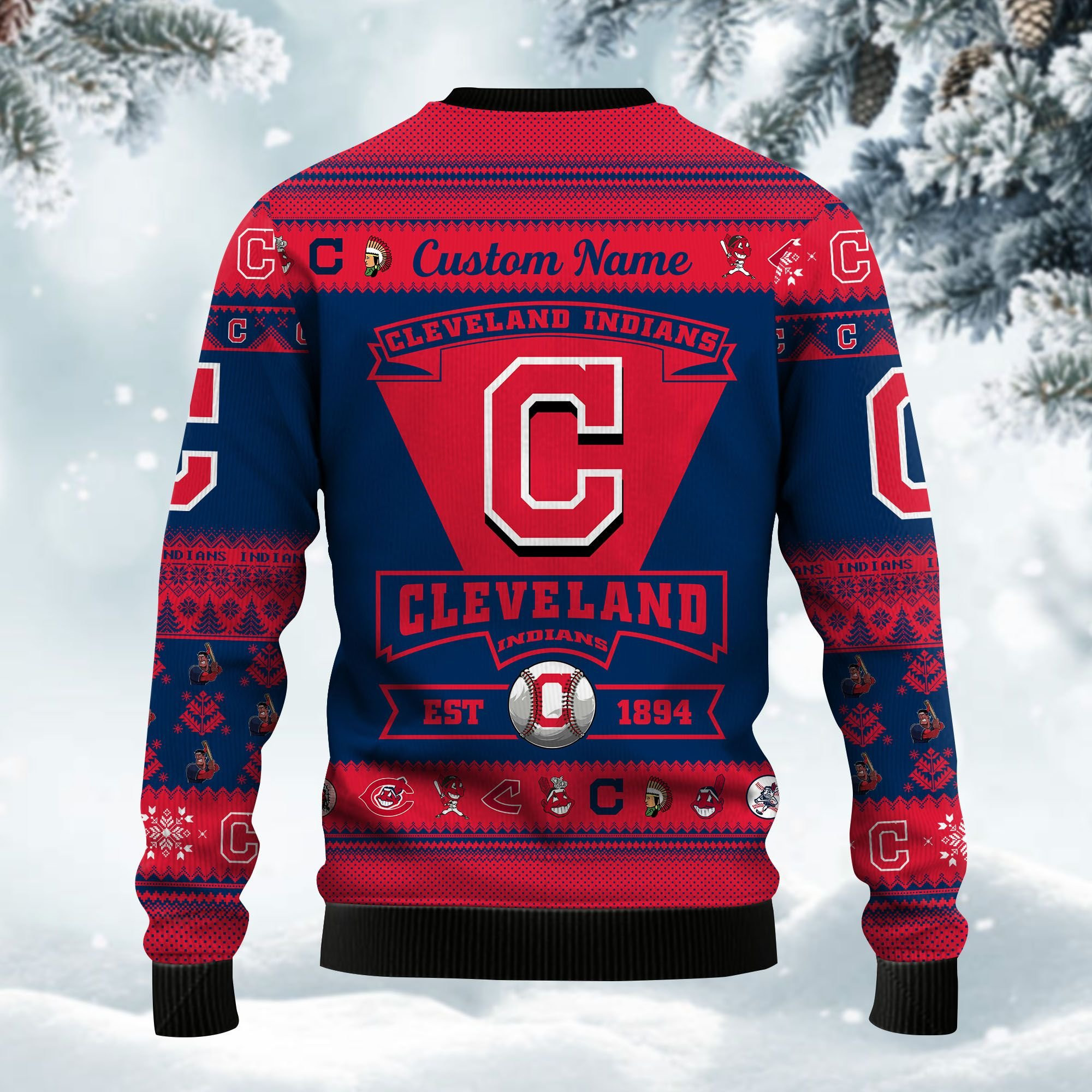 Cleveland Indians Football Team Logo Custom Name Personalized Ugly Christmas Sweater Adult 3D Funny Matching for family - Image 3
