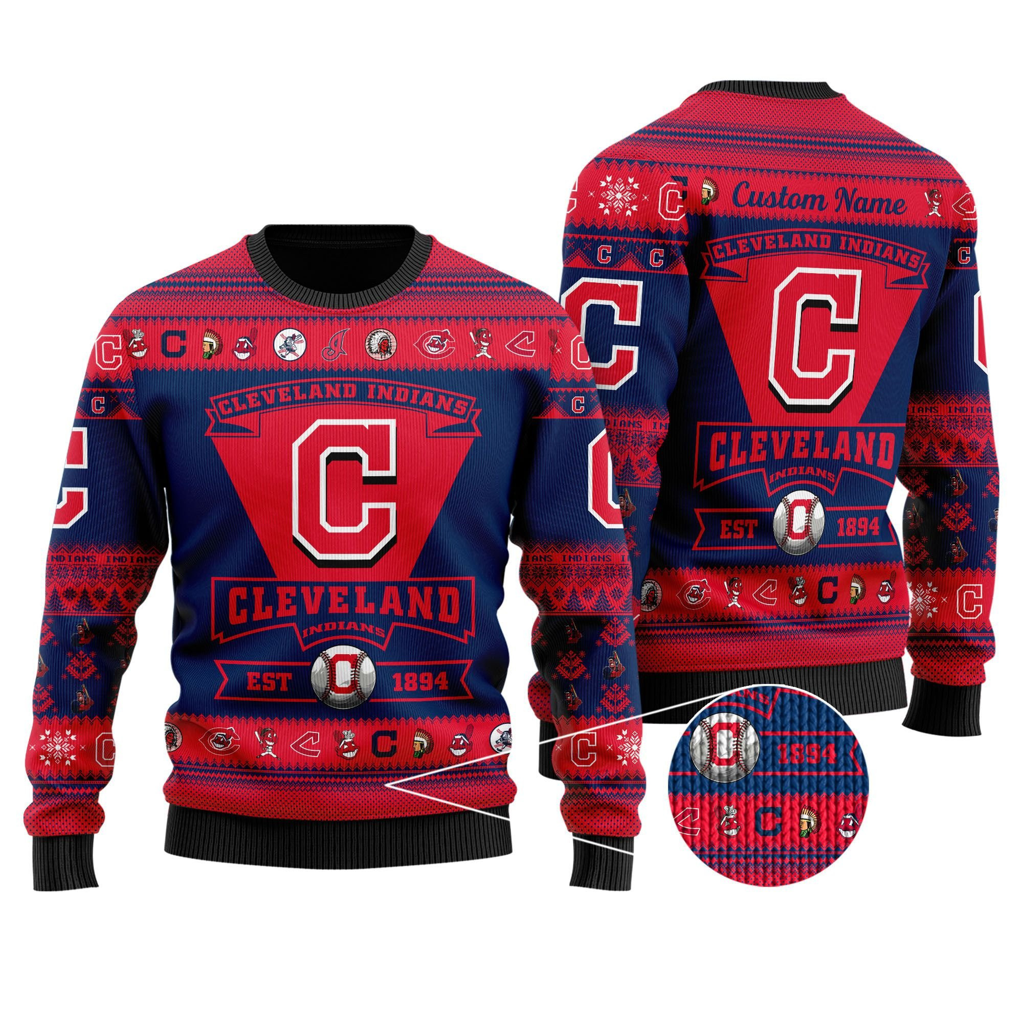 Cleveland Indians Football Team Logo Custom Name Personalized Ugly Christmas Sweater Adult 3D Funny Matching for family